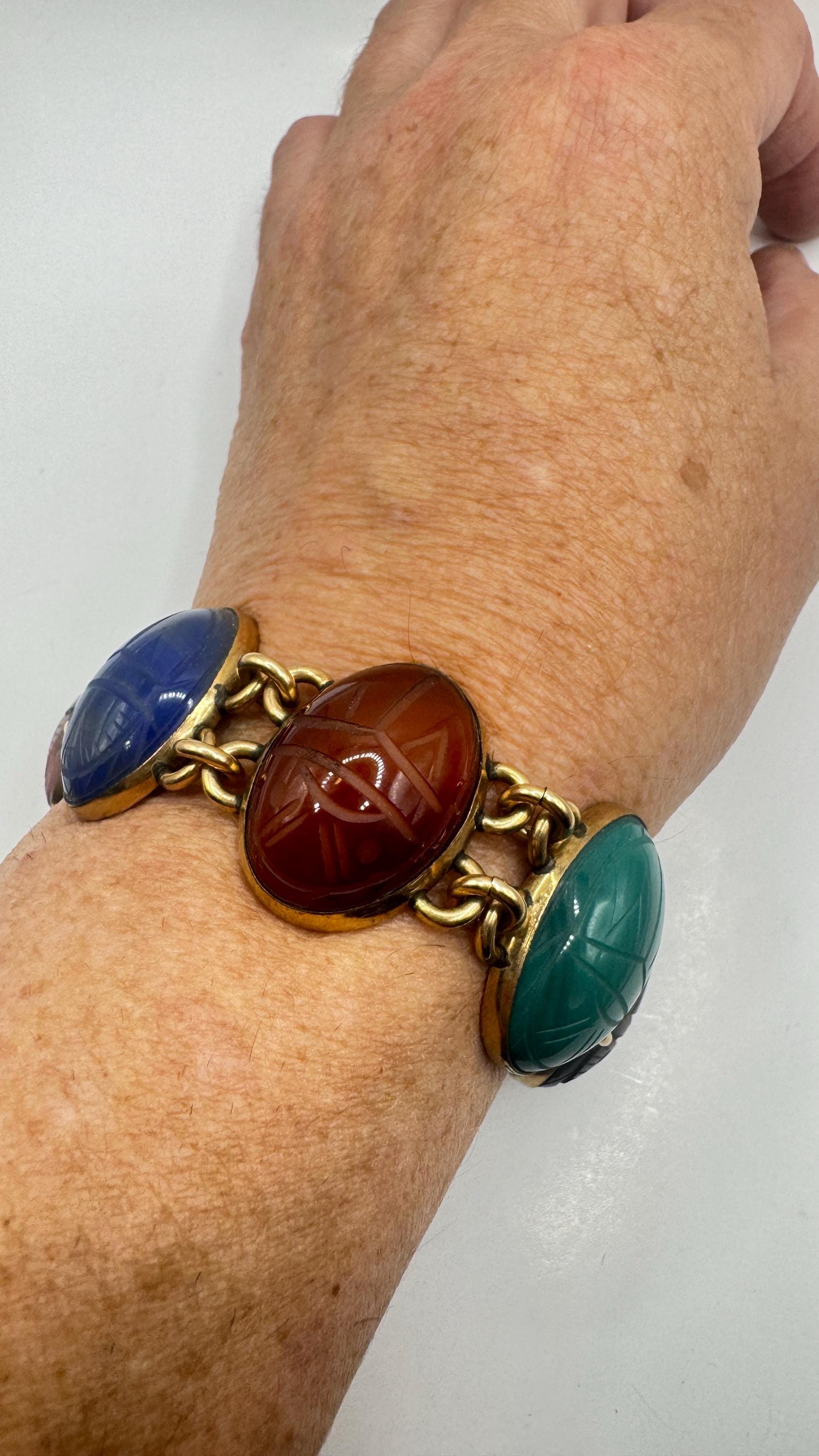 Vintage Scarab Bracelet Golden filled Carved Gemstones