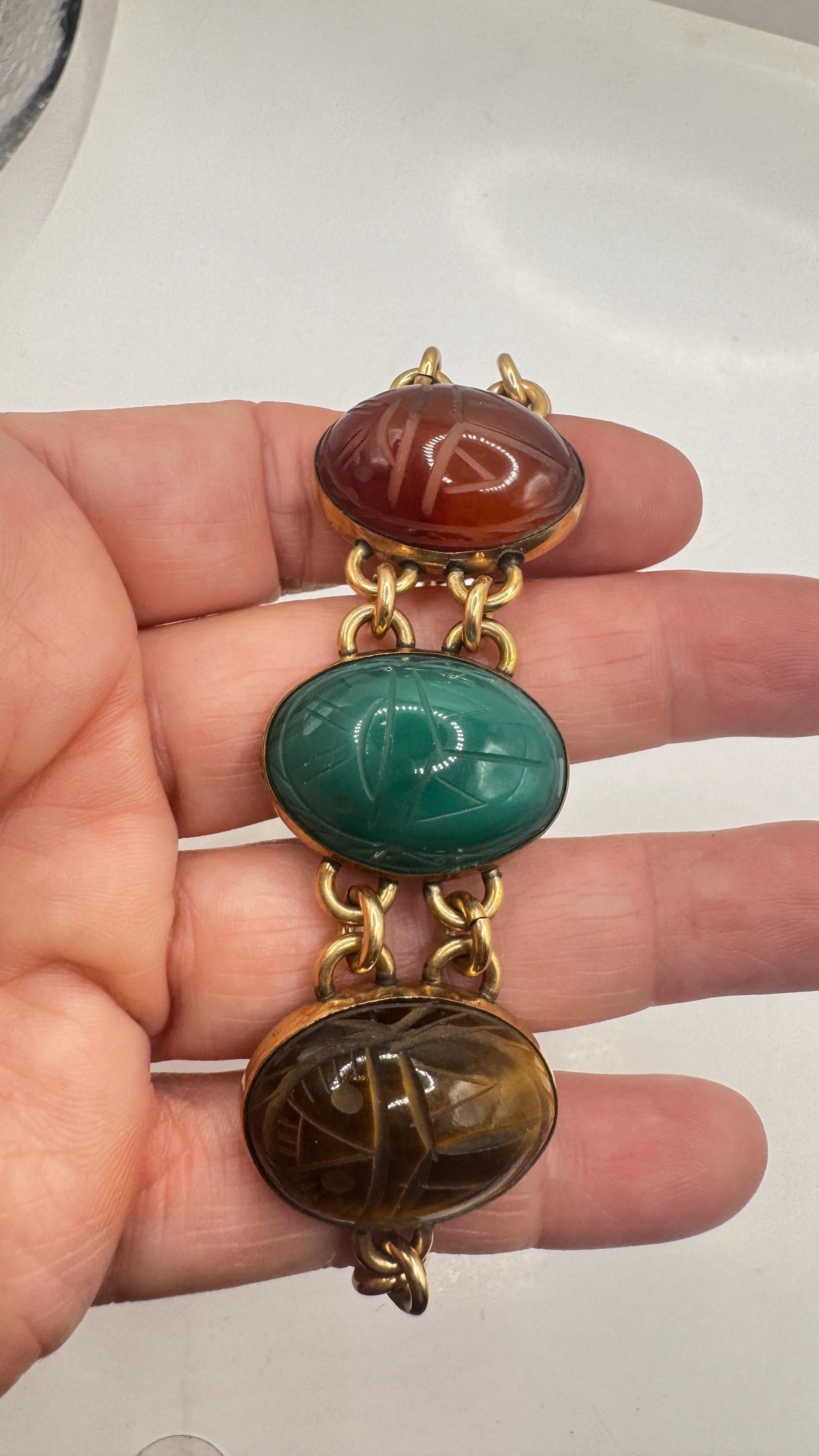 Vintage Scarab Bracelet Golden filled Carved Gemstones