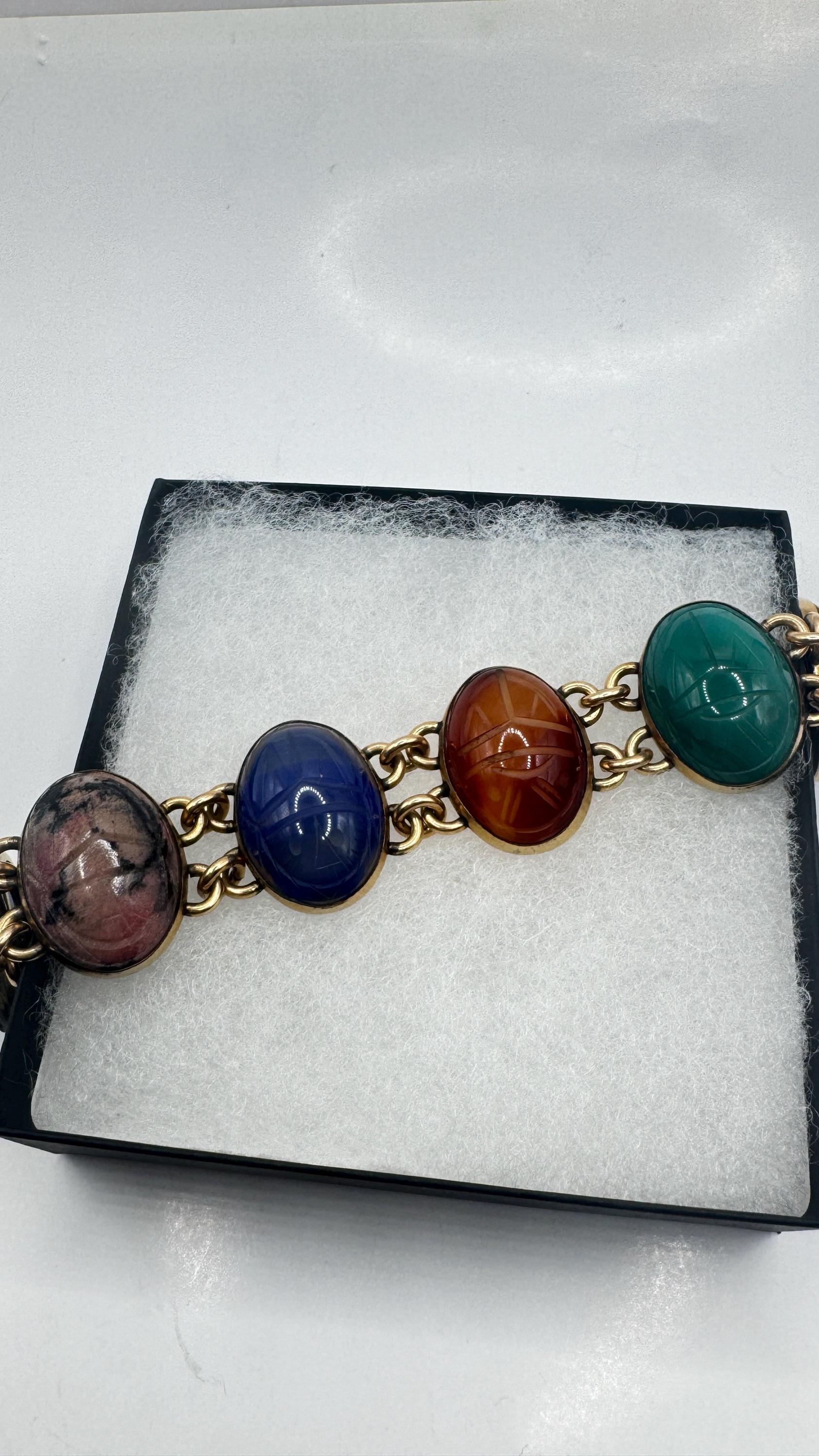Vintage Scarab Bracelet Golden filled Carved Gemstones