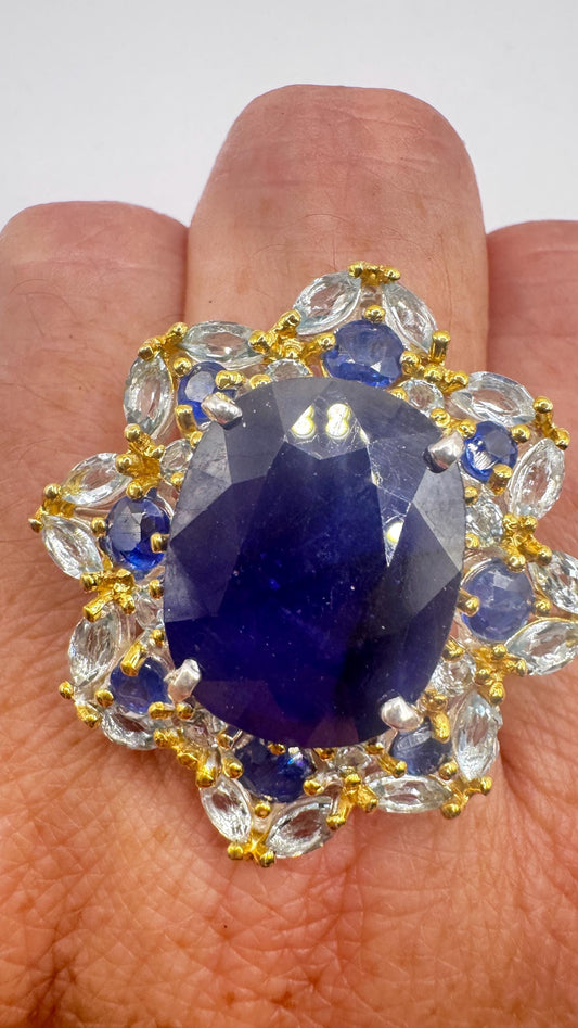 Vintage Blue Sapphire 925 Sterling Silver Gothic Ring Size 8.5