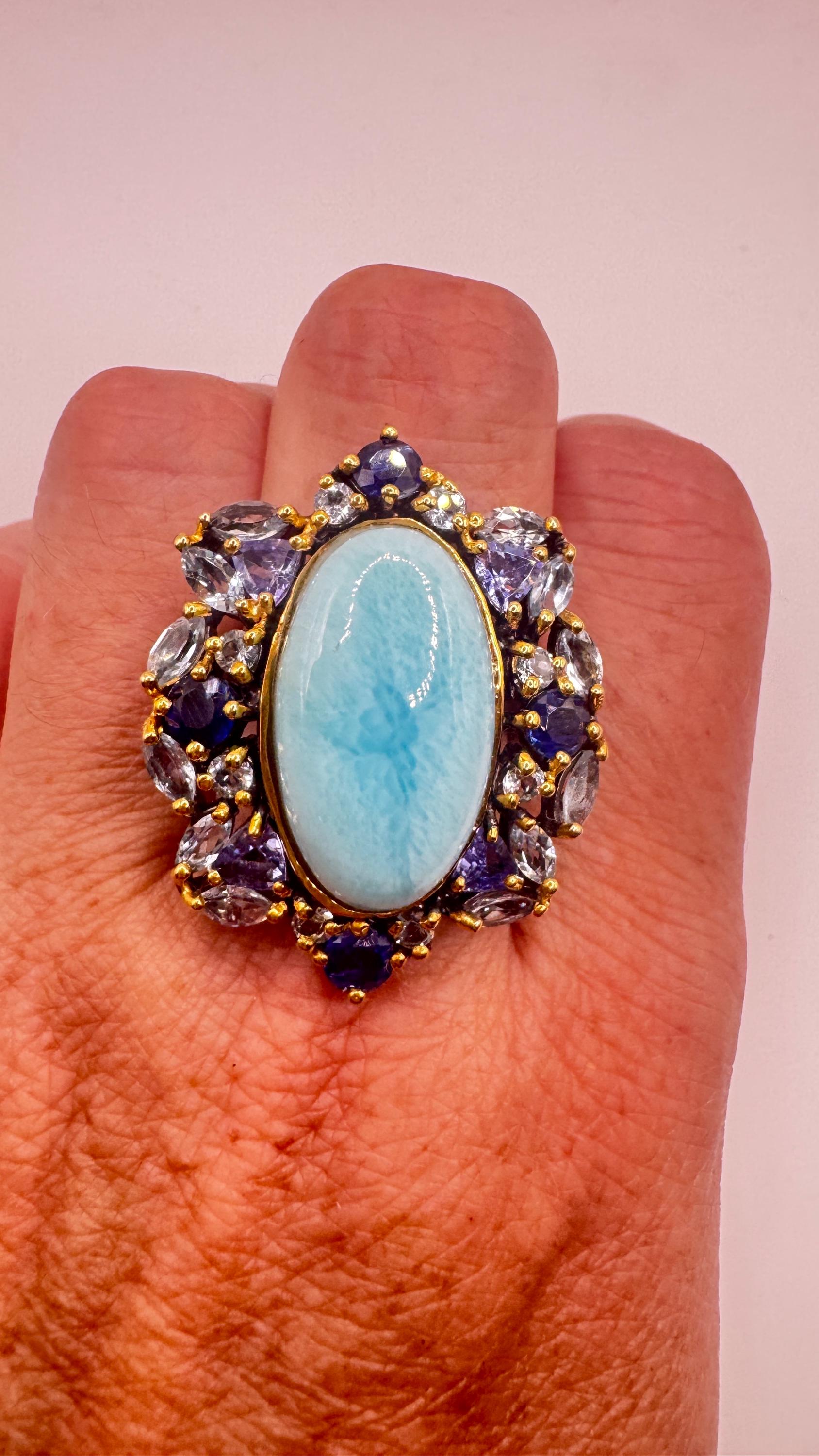 Vintage Blue Larimar Aquamarine Sapphire 925 Sterling Silver Gothic Ring Size 8