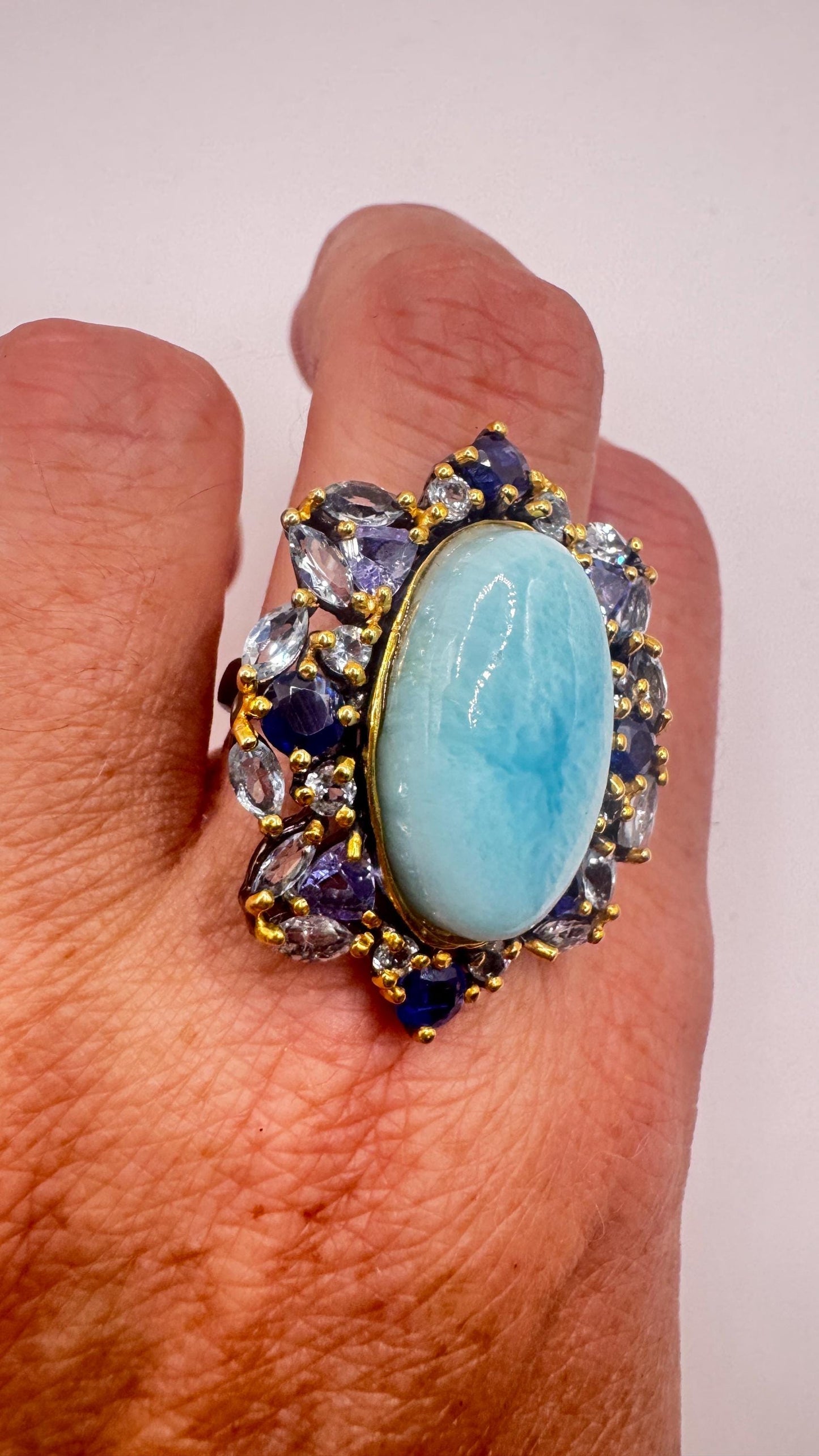 Vintage Blue Larimar Aquamarine Sapphire 925 Sterling Silver Gothic Ring Size 8
