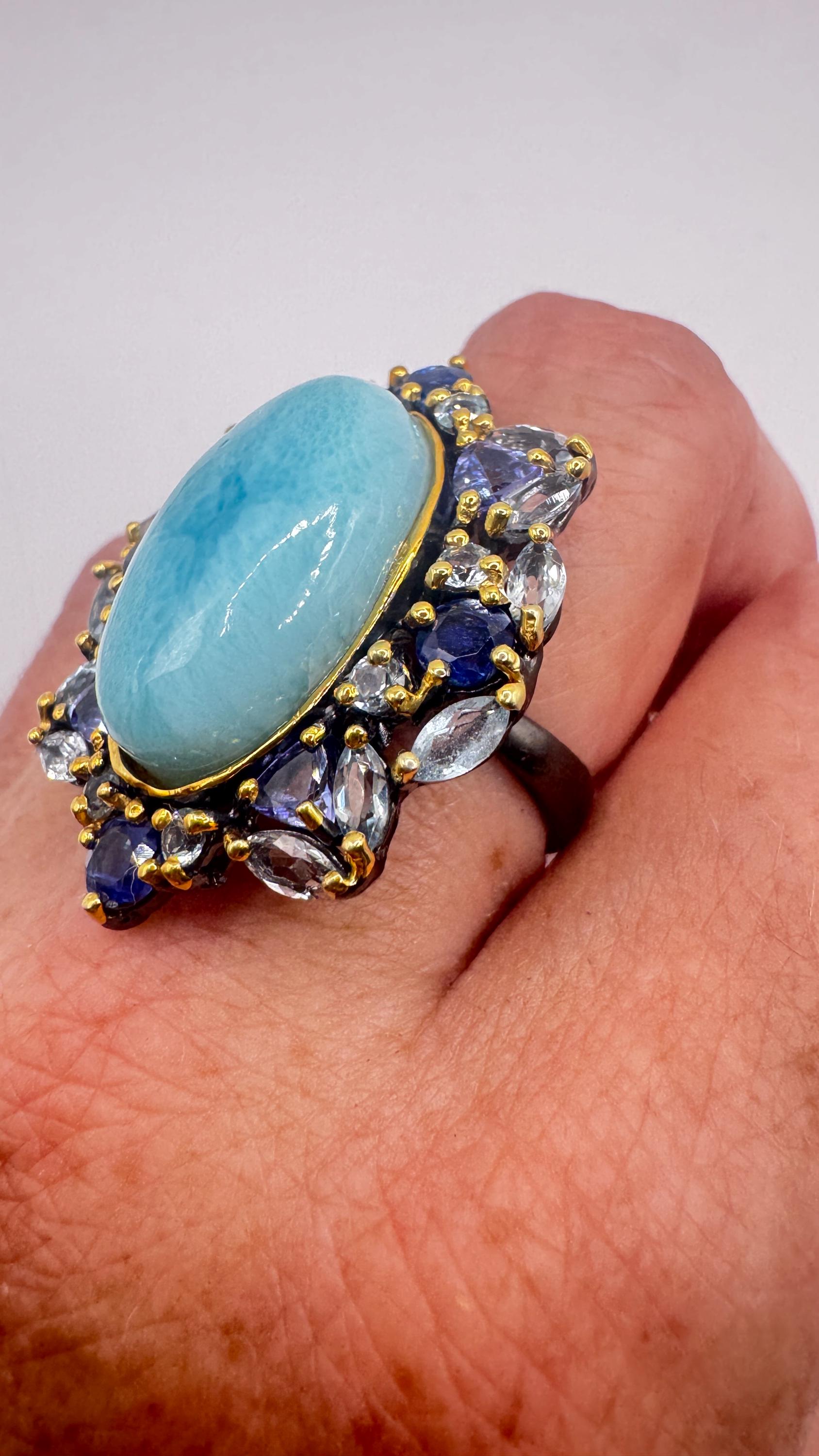 Vintage Blue Larimar Aquamarine Sapphire 925 Sterling Silver Gothic Ring Size 8
