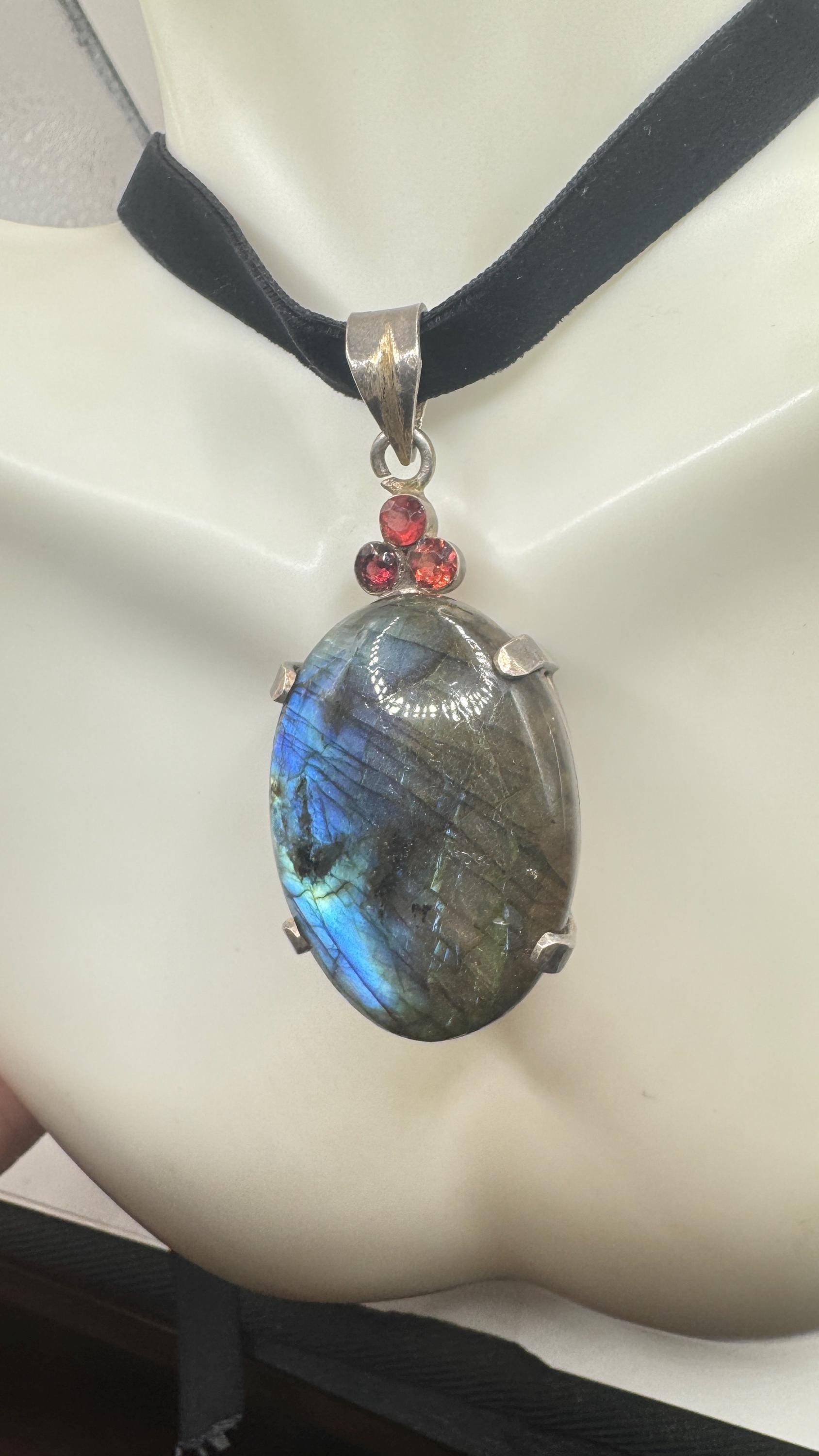 Vintage Labradorite Garnet Choker Black Velvet Necklace 925 Sterling Silver