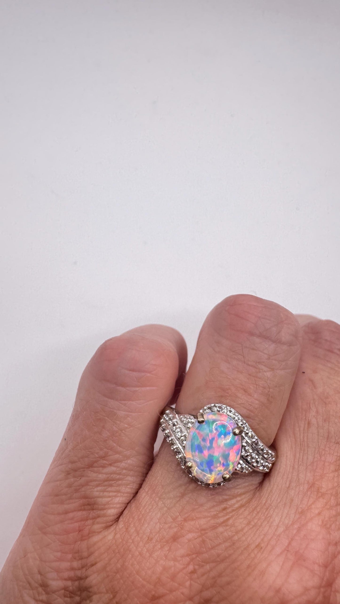Vintage White Fire Opal Ring 925 Sterling Silver Rhodium