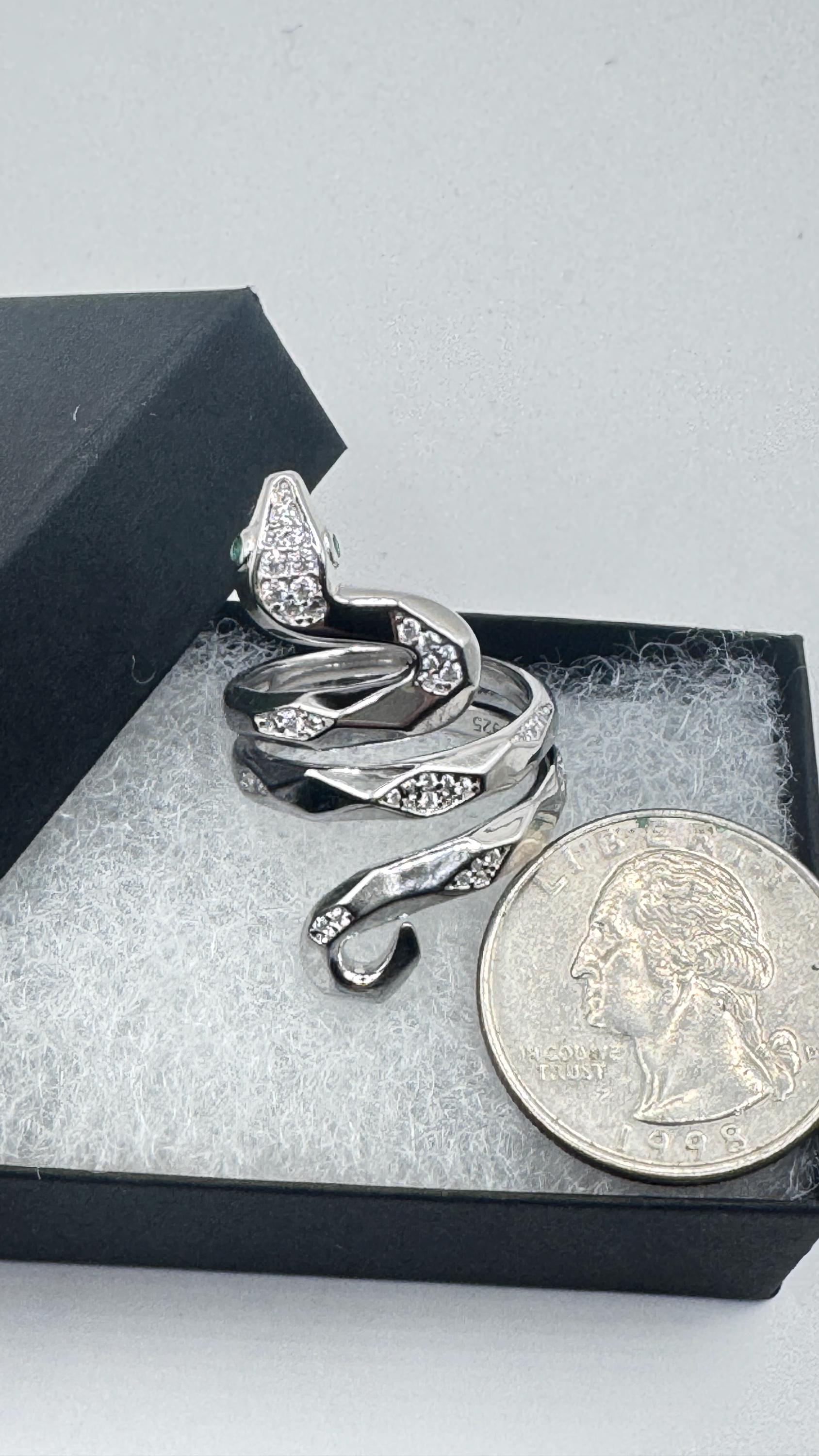 Vintage Crystal Snake Ring 925 Sterling Silver Adjustable