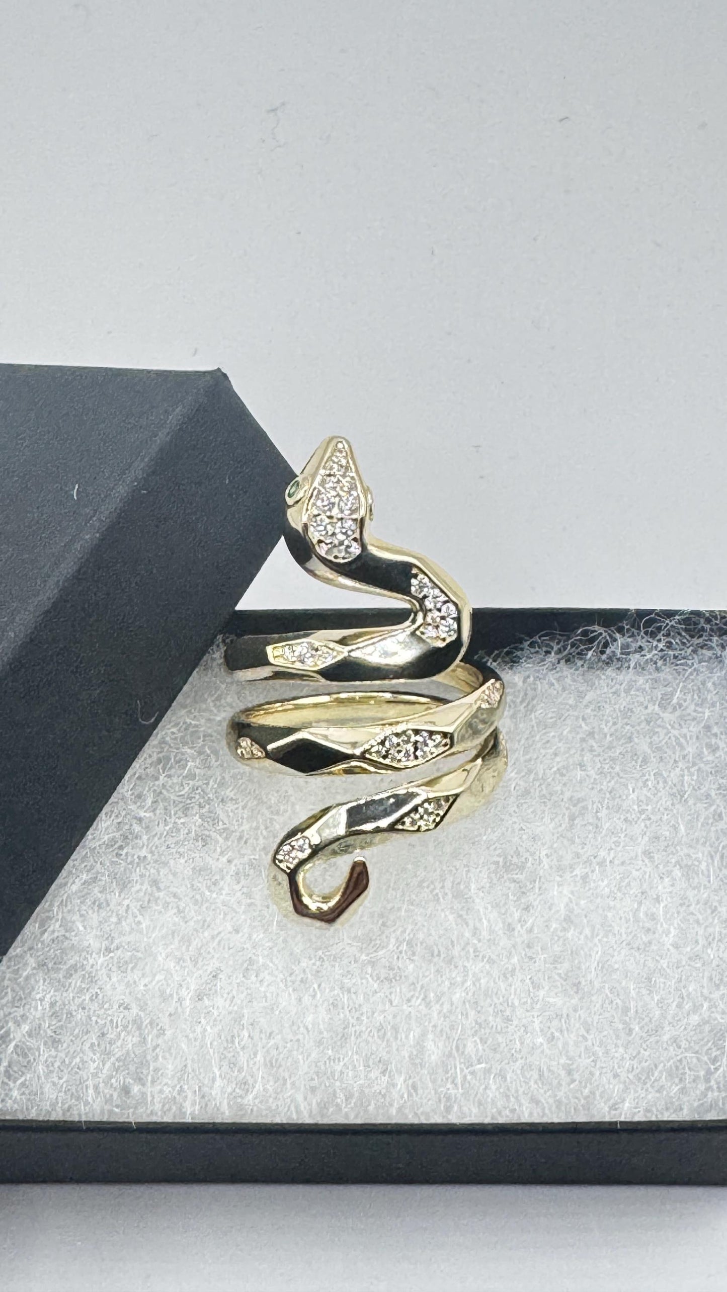 Vintage Crystal Snake Ring Golden 925 Sterling Silver Adjustable