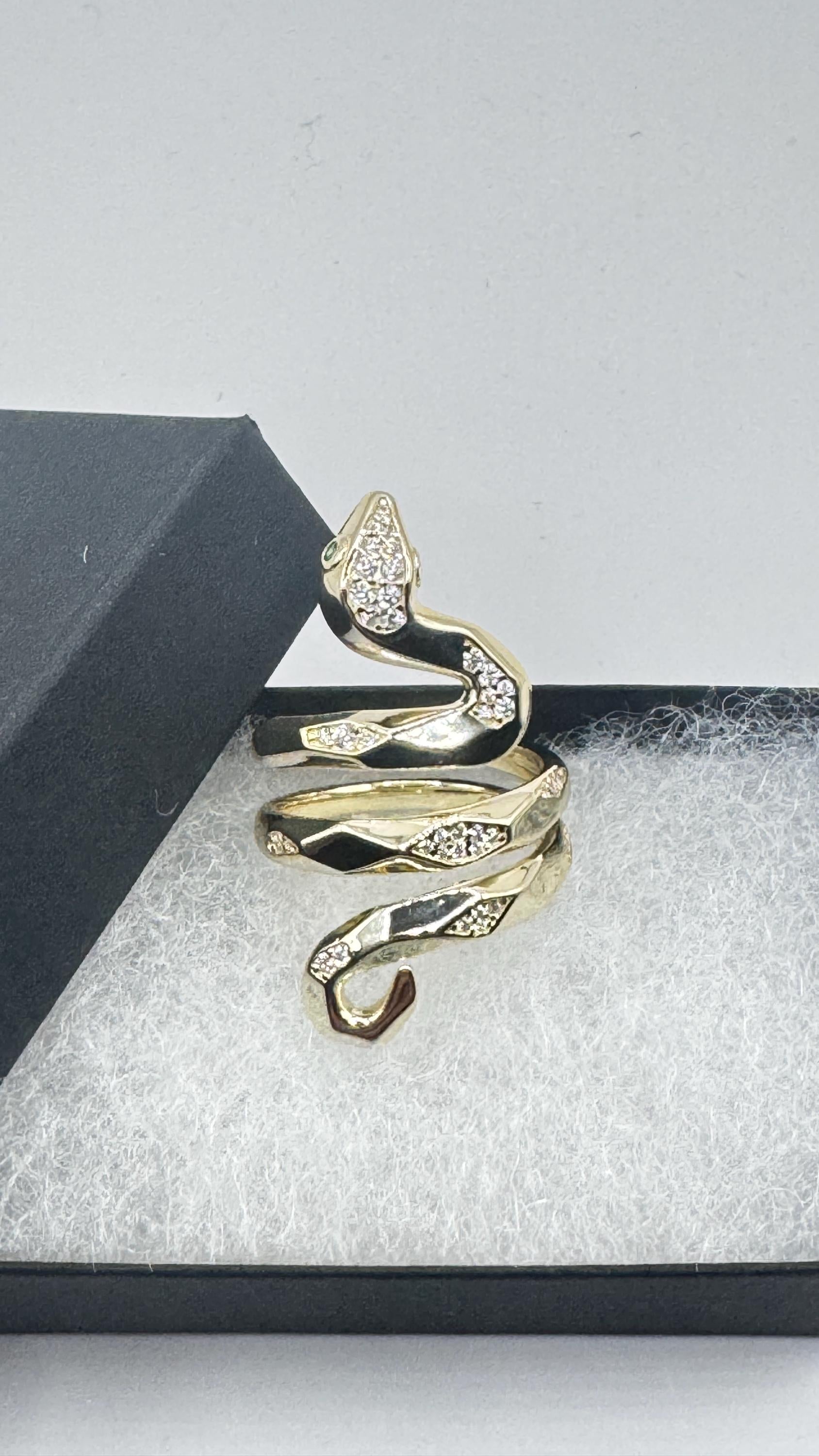 Vintage Crystal Snake Ring Golden 925 Sterling Silver Adjustable