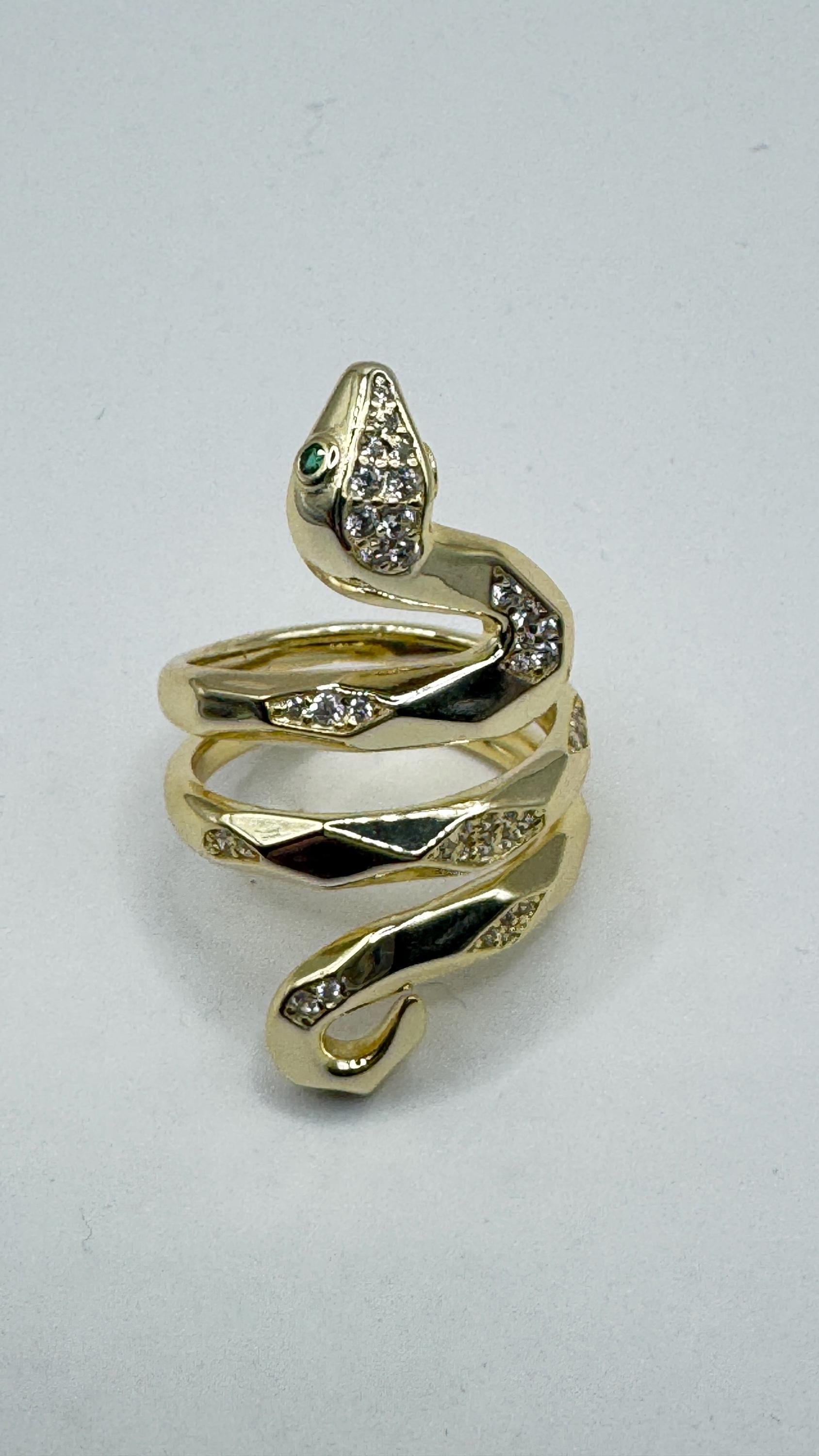 Vintage Crystal Snake Ring Golden 925 Sterling Silver Adjustable