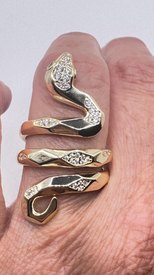 Vintage Crystal Snake Ring Golden 925 Sterling Silver Adjustable