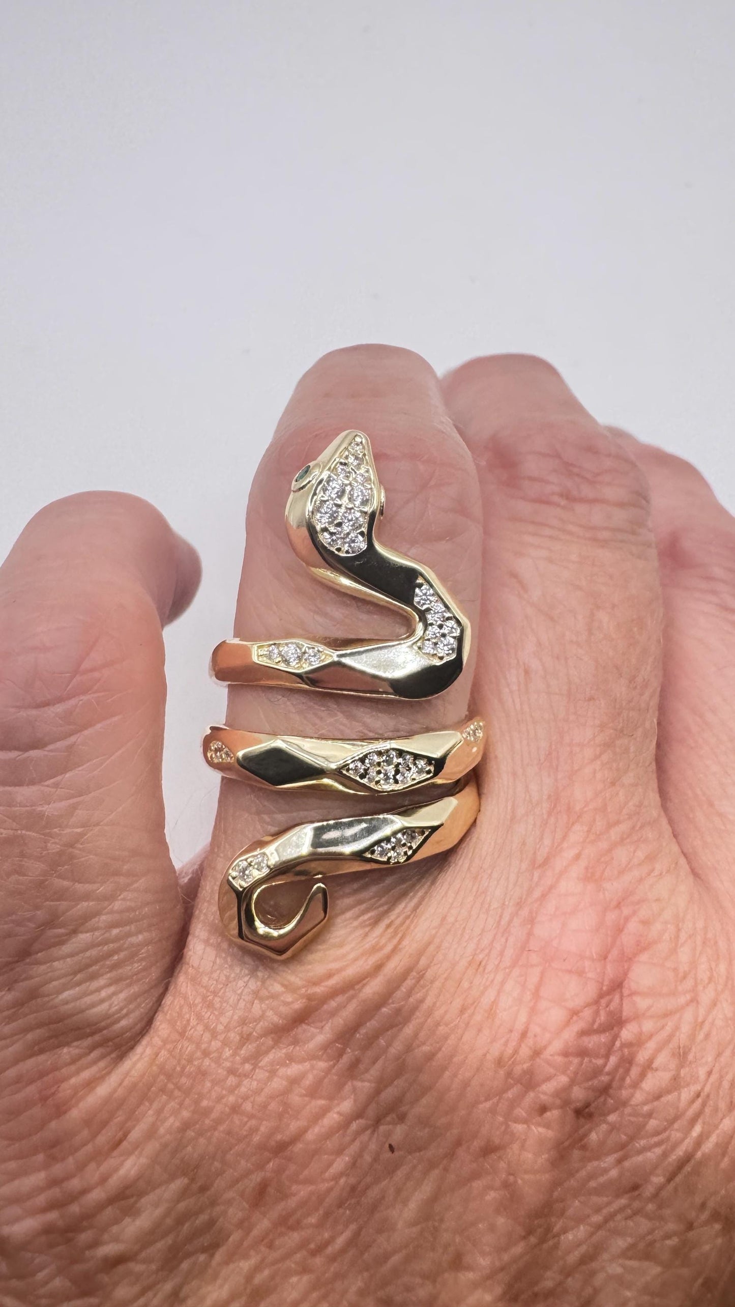 Vintage Crystal Snake Ring Golden 925 Sterling Silver Adjustable
