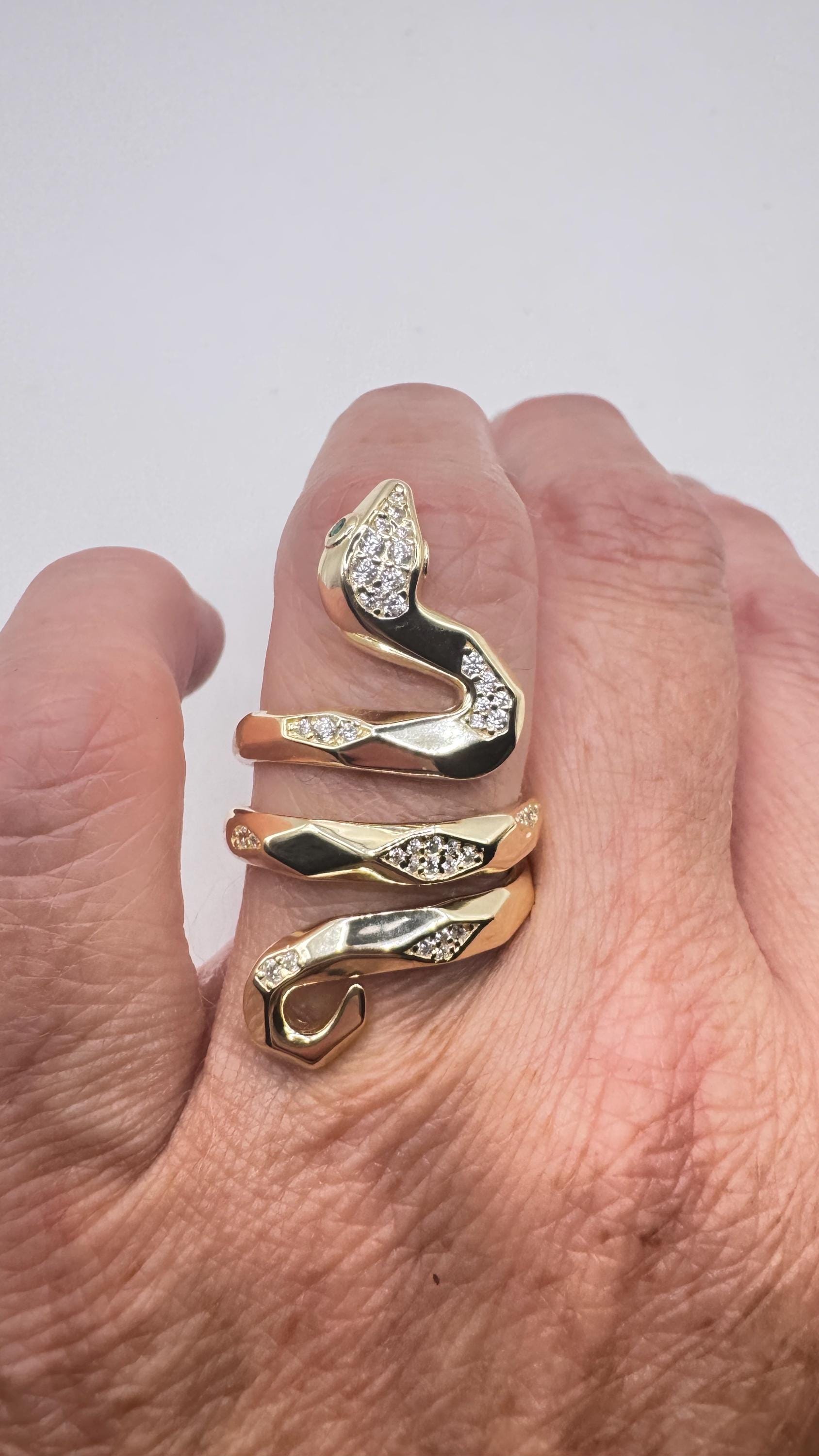 Vintage Crystal Snake Ring Golden 925 Sterling Silver Adjustable