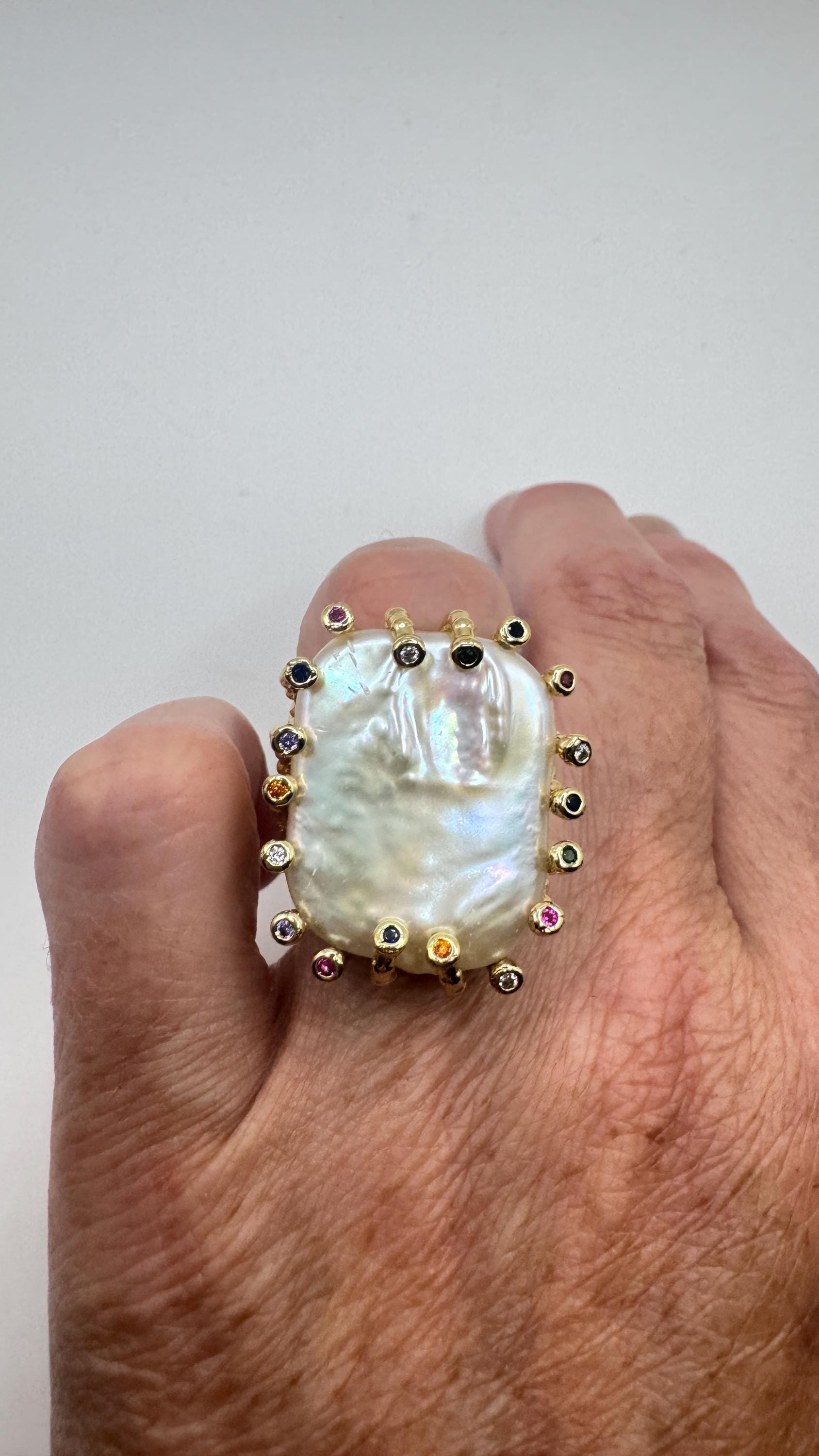 Vintage Biwa Pearl Ring Golden 925 Sterling Silver Cocktail Statement Adjustable