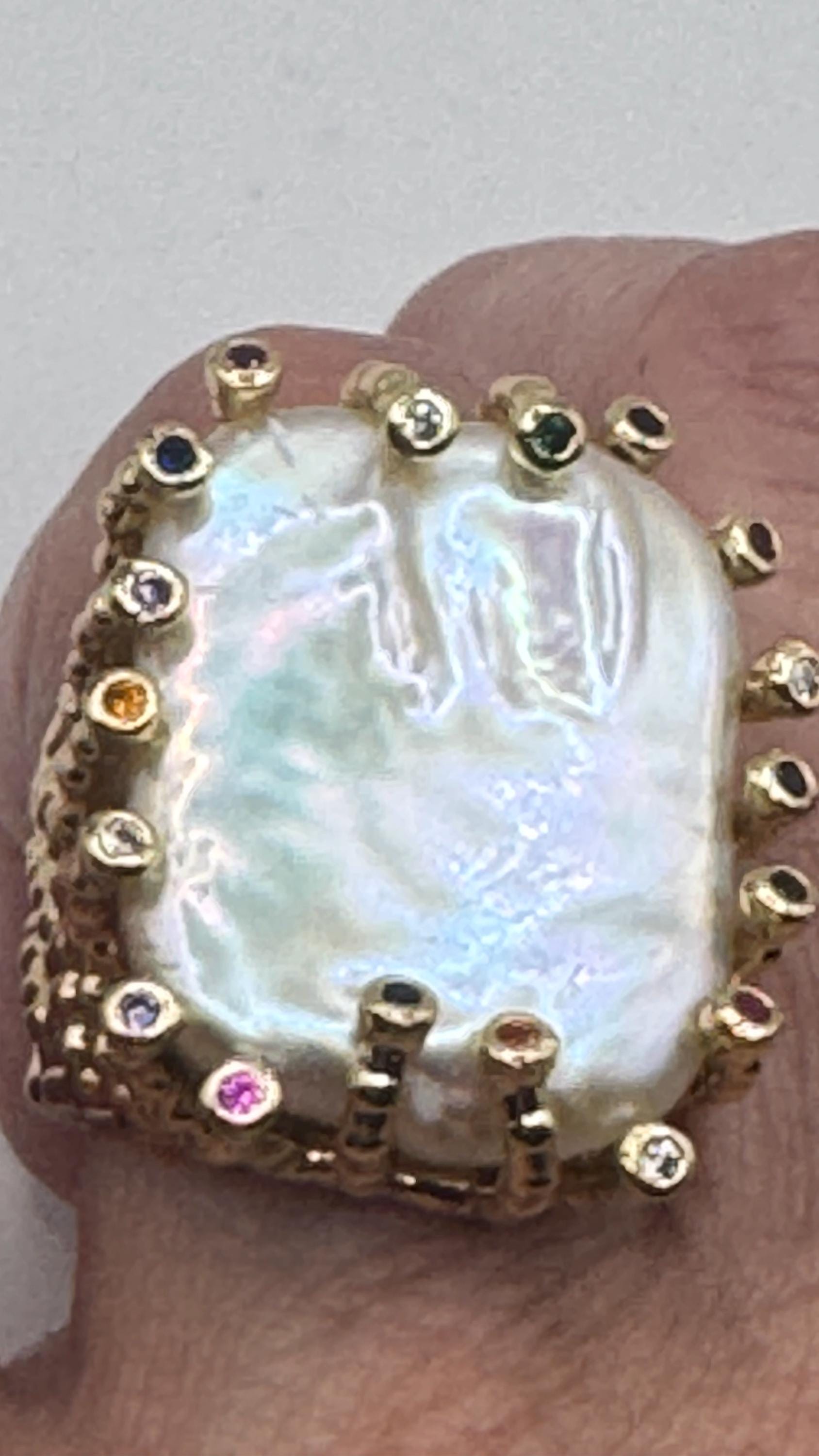 Vintage Biwa Pearl Ring Golden 925 Sterling Silver Cocktail Statement Adjustable