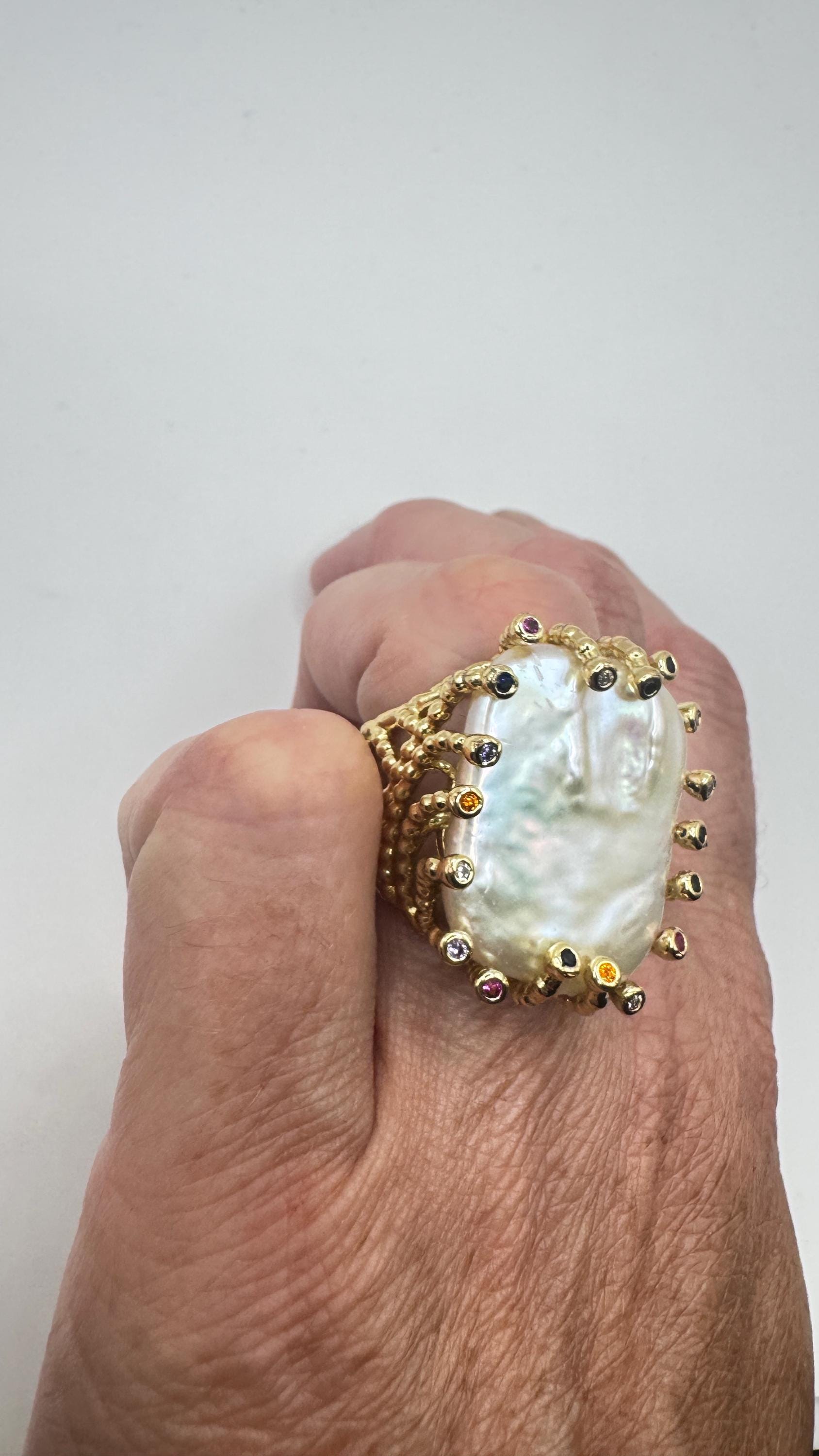 Vintage Biwa Pearl Ring Golden 925 Sterling Silver Cocktail Statement Adjustable