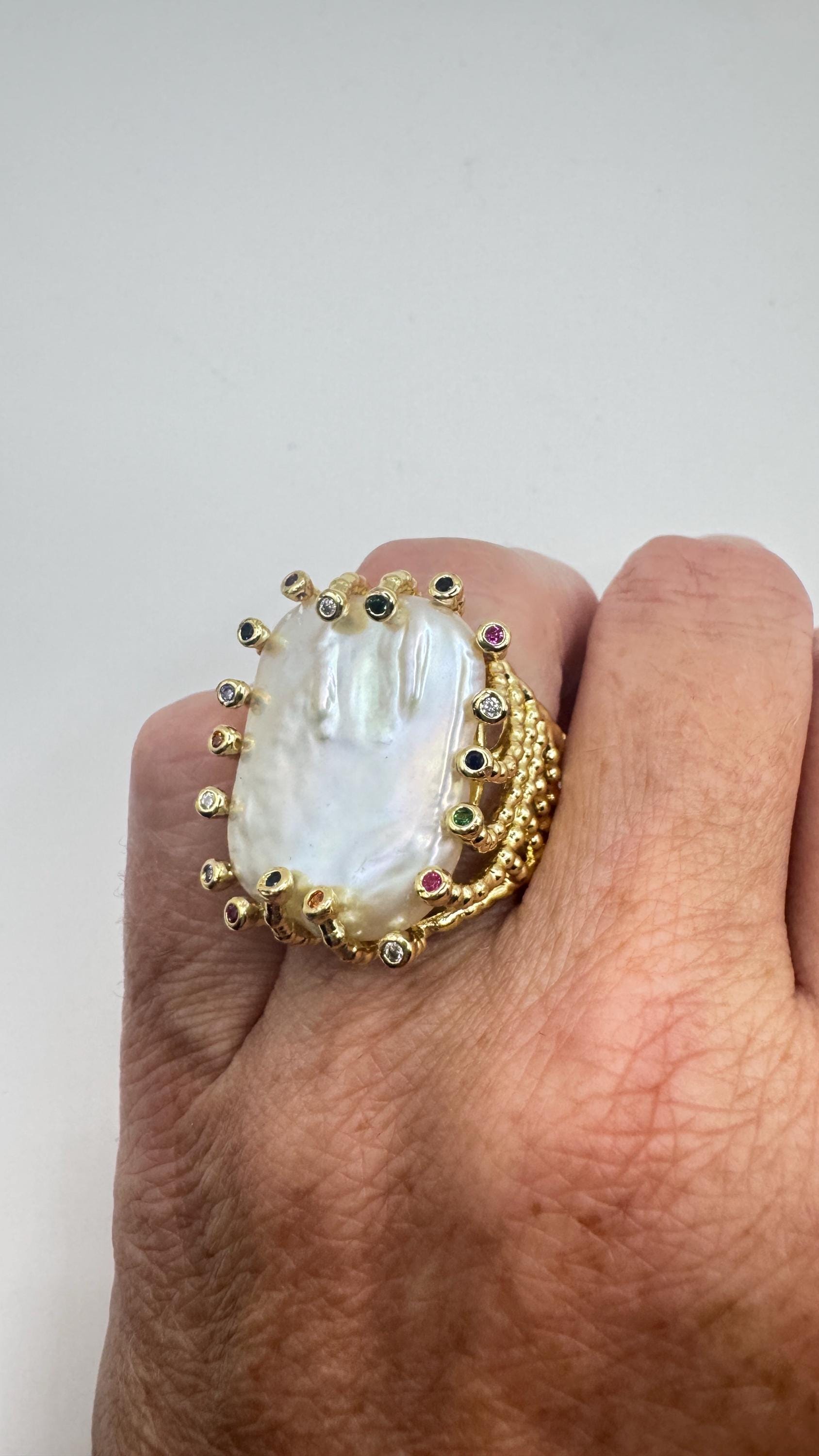 Vintage Biwa Pearl Ring Golden 925 Sterling Silver Cocktail Statement Adjustable