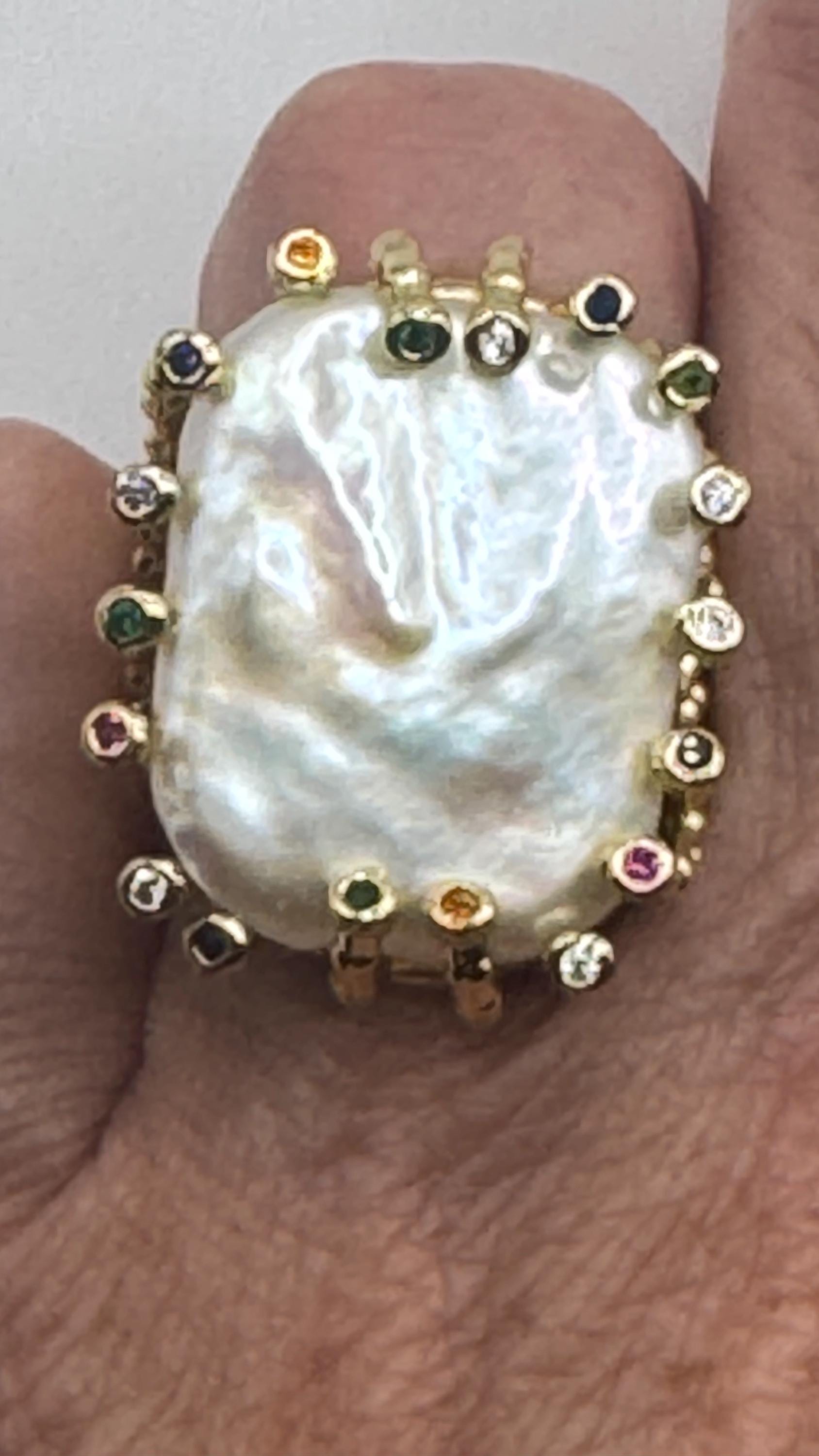 Vintage Biwa Pearl Ring Golden 925 Sterling Silver Cocktail Statement Adjustable