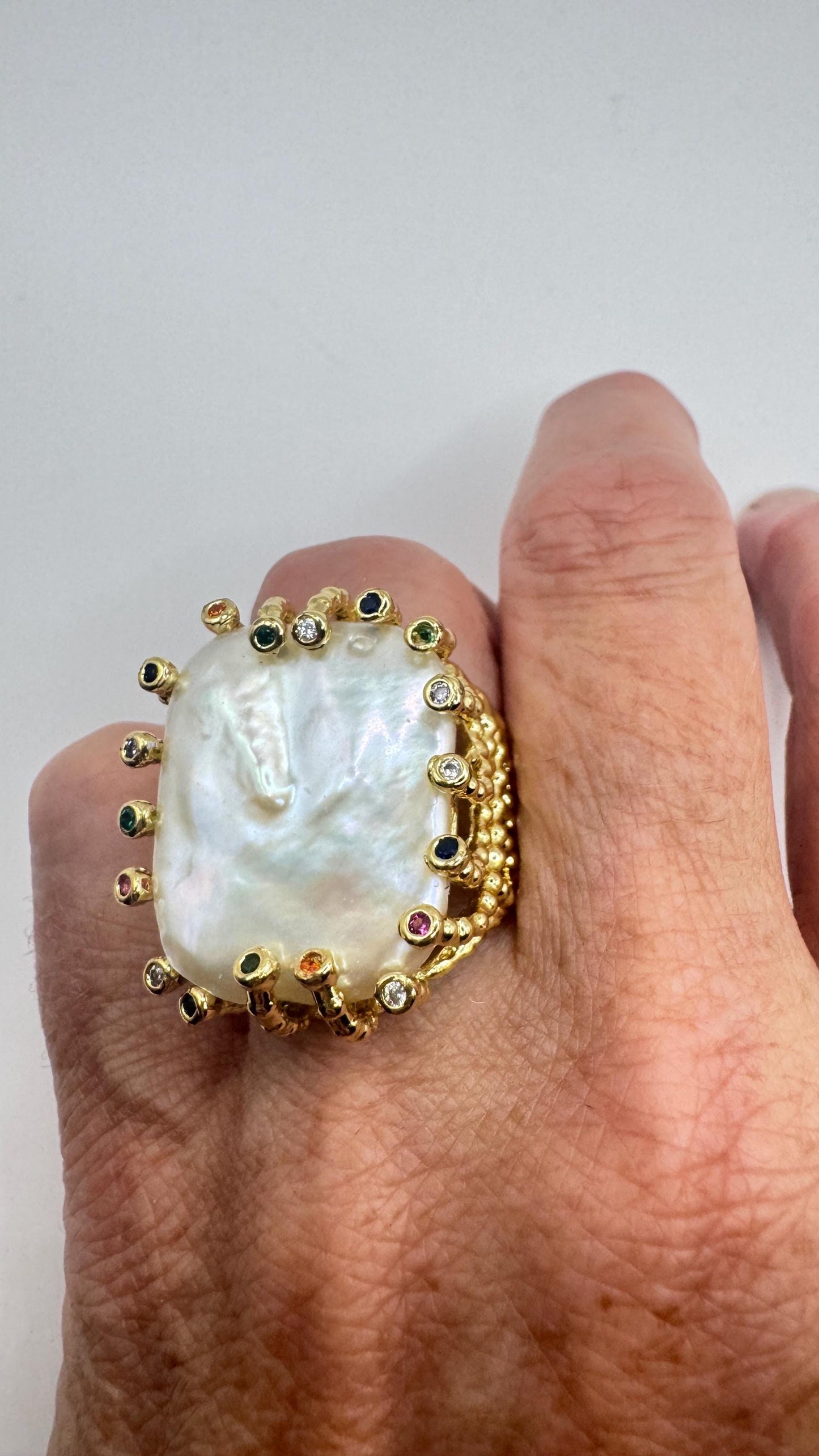 Vintage Biwa Pearl Ring Golden 925 Sterling Silver Cocktail Statement Adjustable