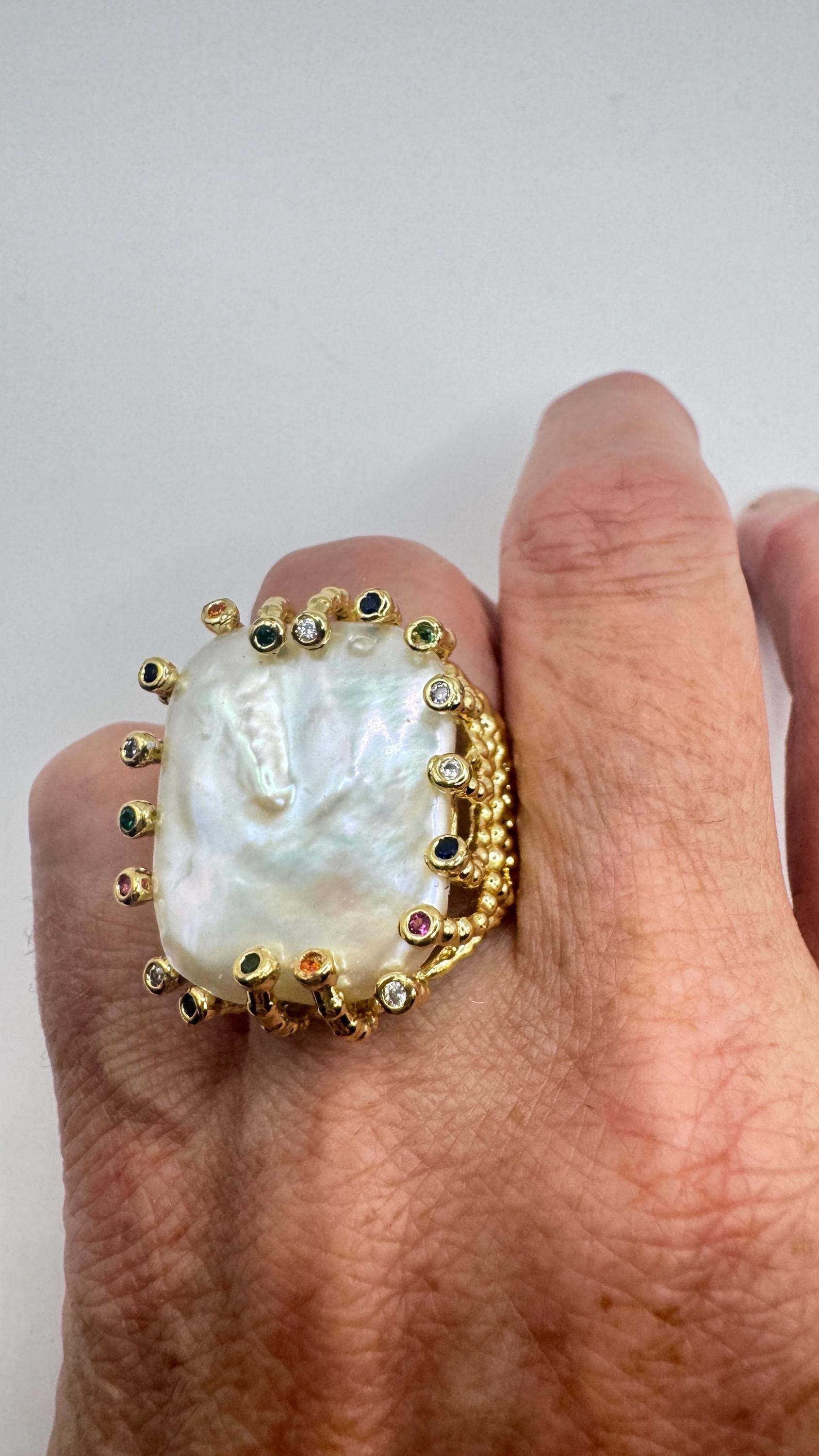 Vintage Biwa Pearl Ring Golden 925 Sterling Silver Cocktail Statement Adjustable