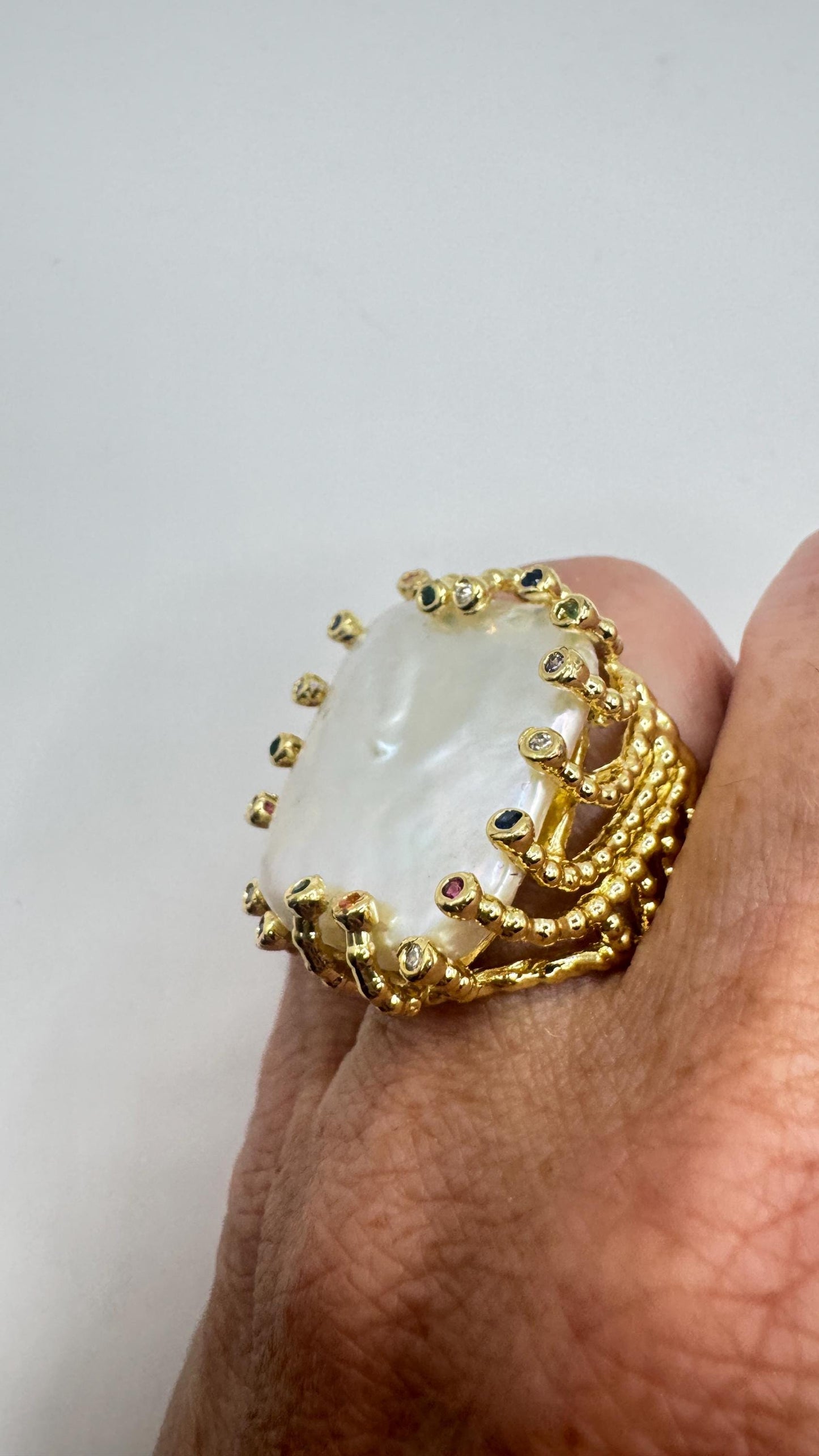Vintage Biwa Pearl Ring Golden 925 Sterling Silver Cocktail Statement Adjustable