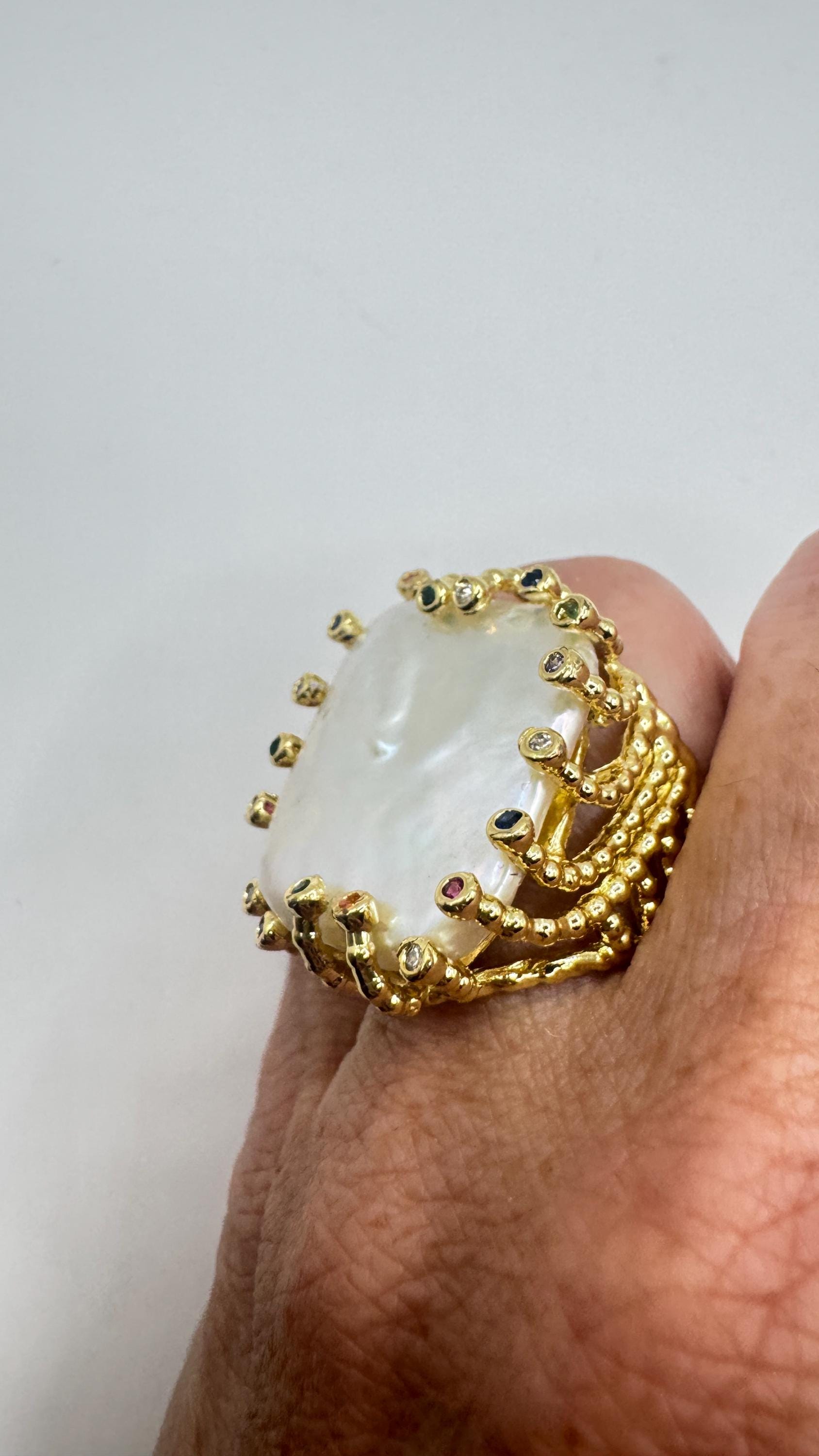 Vintage Biwa Pearl Ring Golden 925 Sterling Silver Cocktail Statement Adjustable