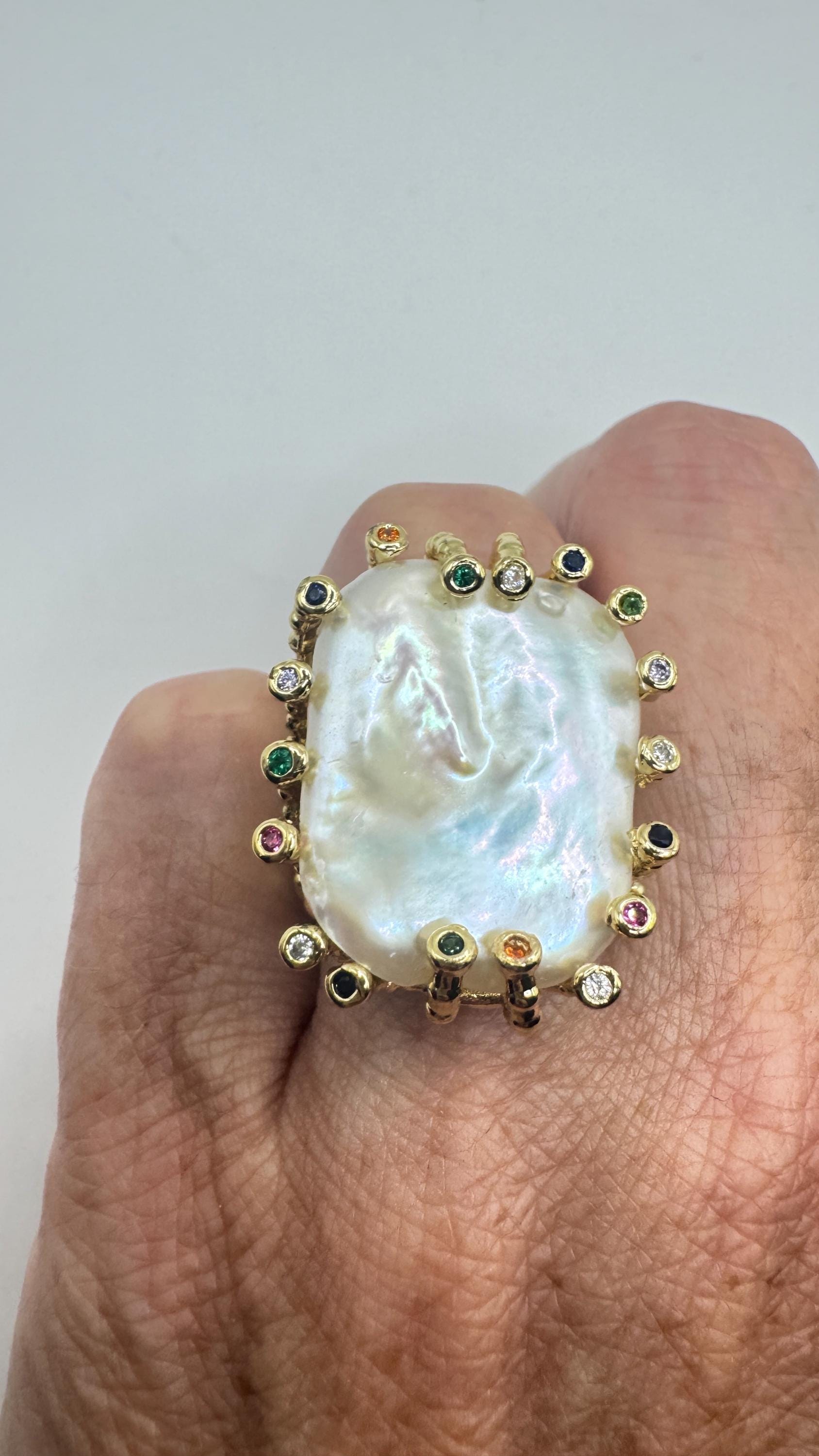 Vintage Biwa Pearl Ring Golden 925 Sterling Silver Cocktail Statement Adjustable