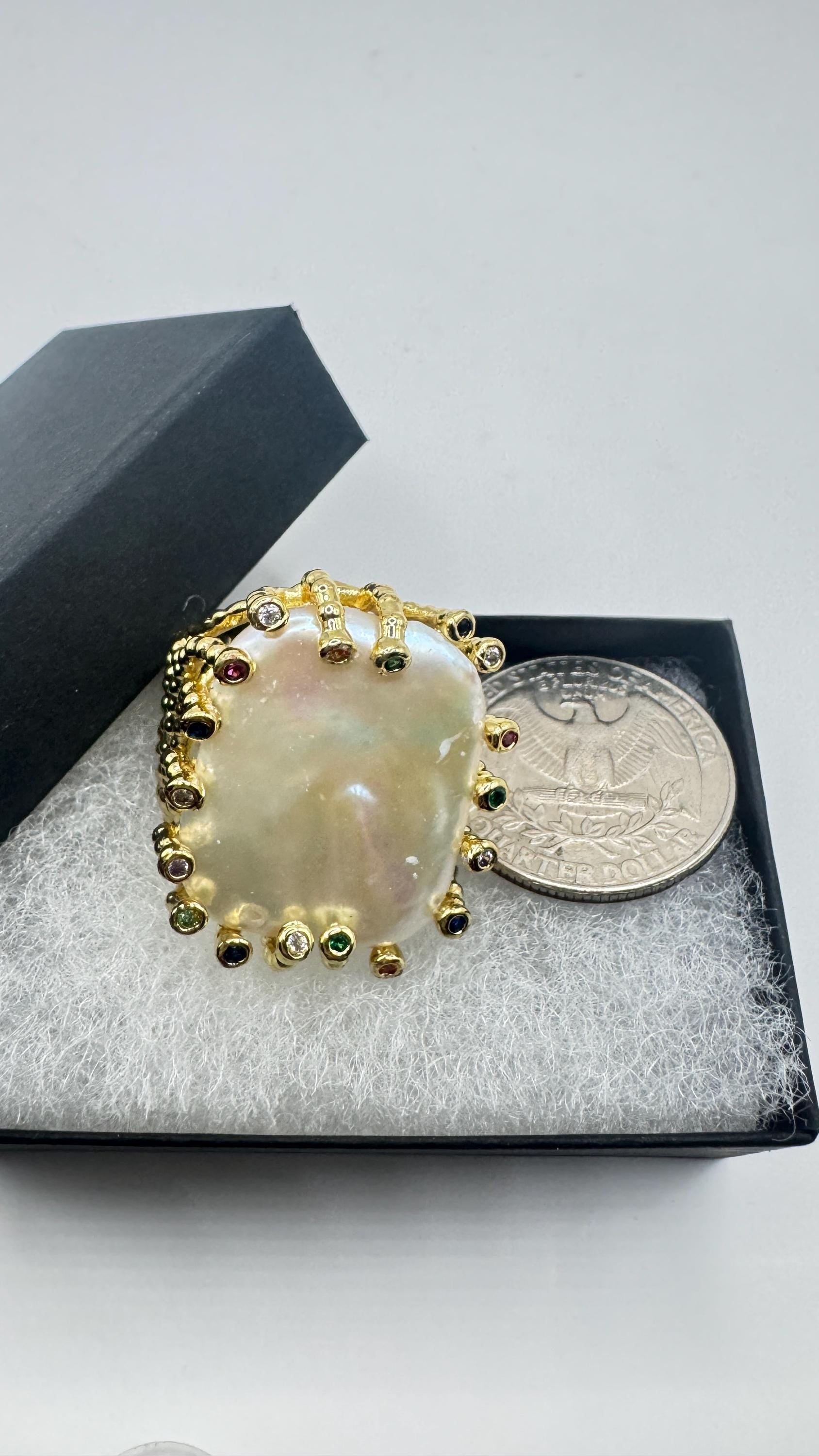 Vintage Biwa Pearl Ring Golden 925 Sterling Silver Cocktail Statement Adjustable