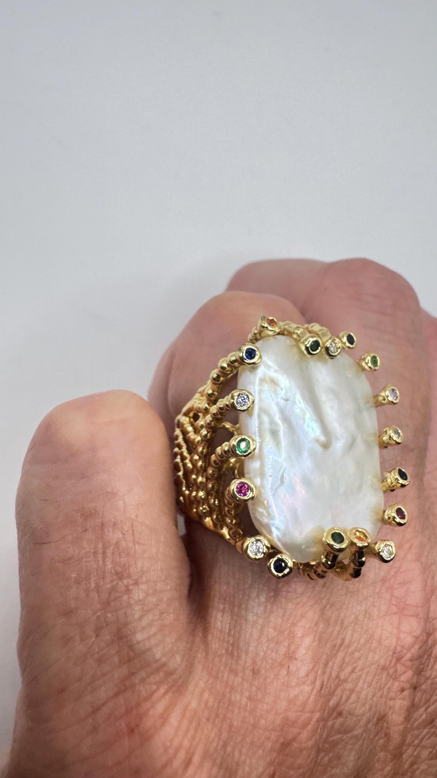 Vintage Biwa Pearl Ring Golden 925 Sterling Silver Cocktail Statement Adjustable