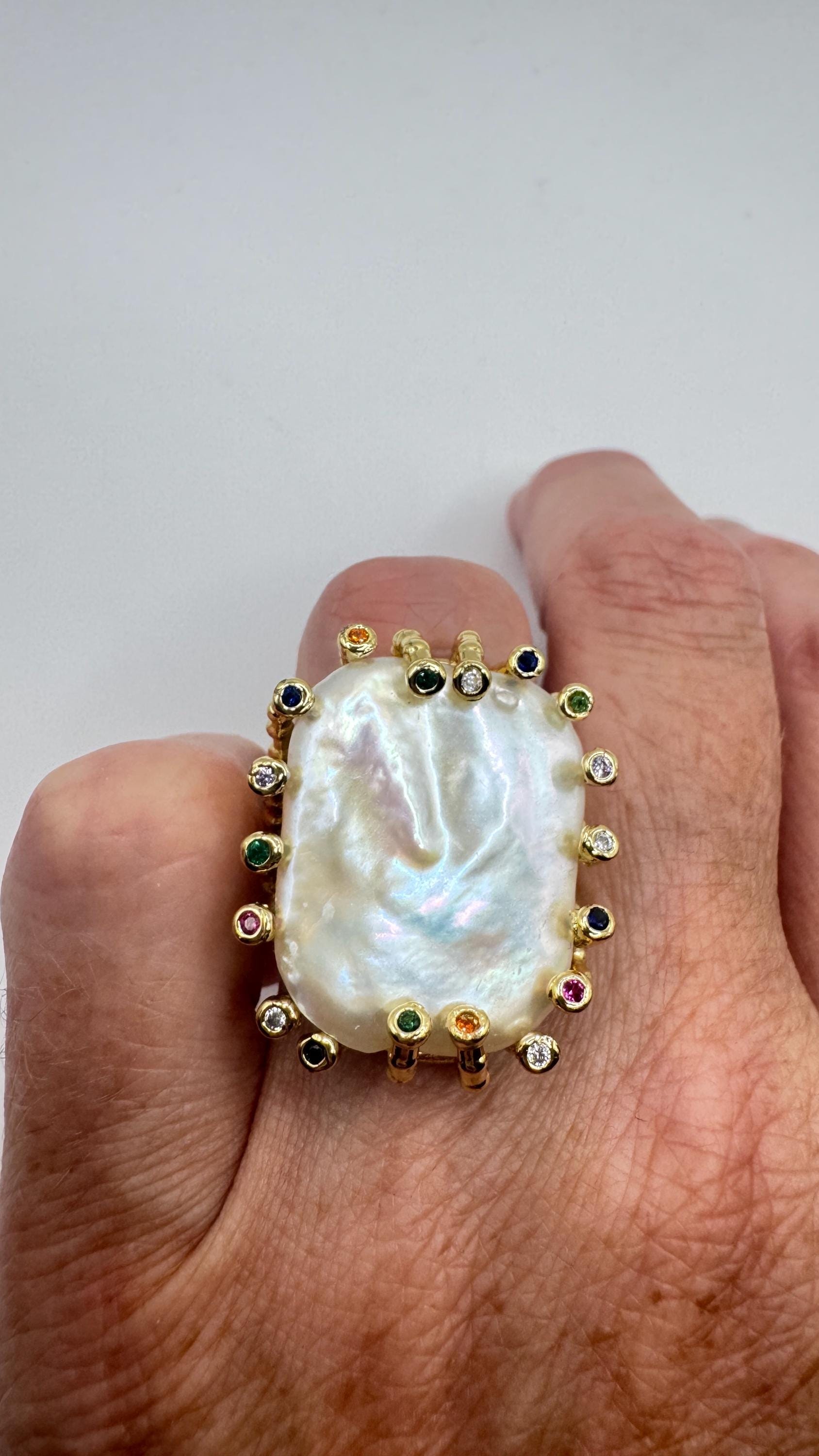 Vintage Biwa Pearl Ring Golden 925 Sterling Silver Cocktail Statement Adjustable