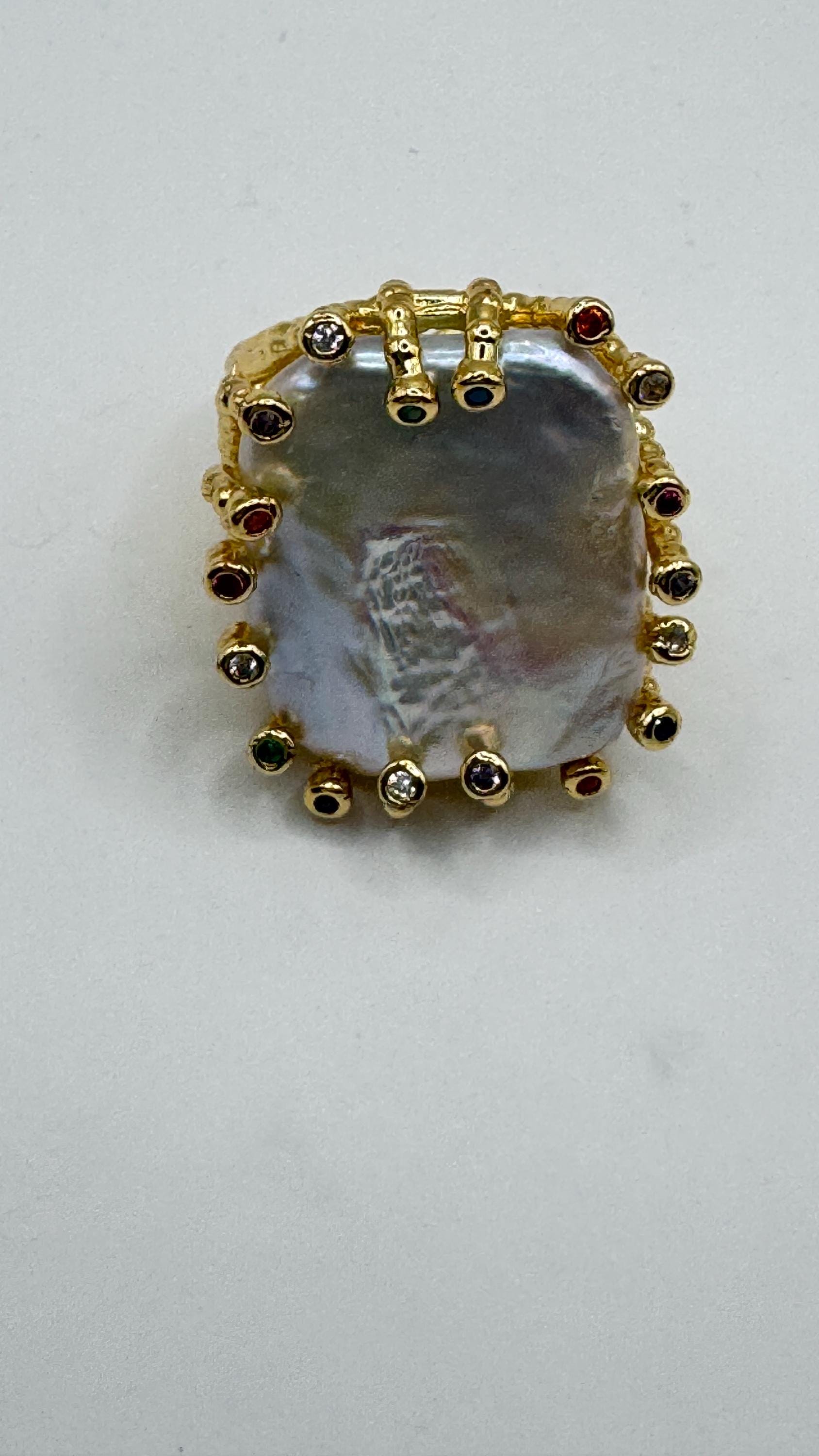 Vintage Biwa Pearl Ring Golden 925 Sterling Silver Cocktail Statement Adjustable