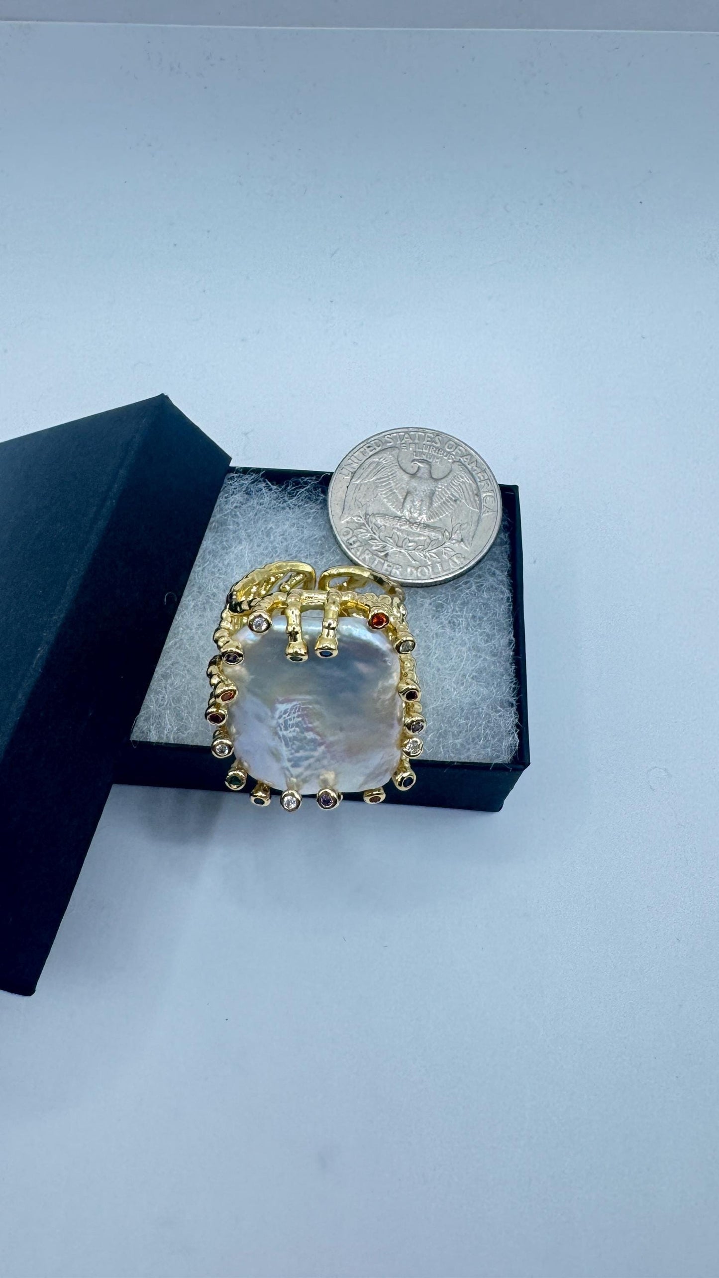 Vintage Biwa Pearl Ring Golden 925 Sterling Silver Cocktail Statement Adjustable
