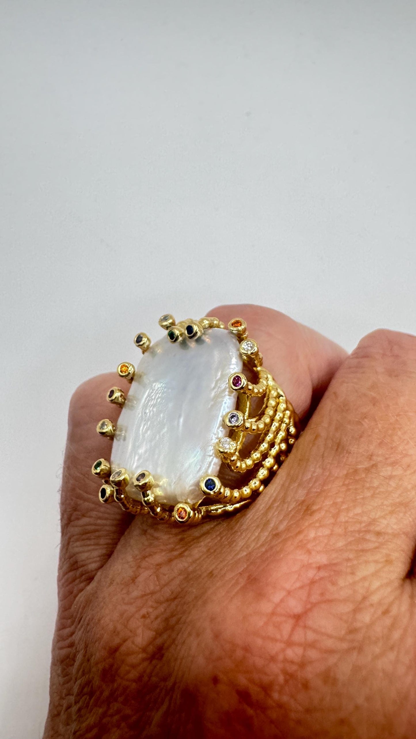 Vintage Biwa Pearl Ring Golden 925 Sterling Silver Cocktail Statement Adjustable