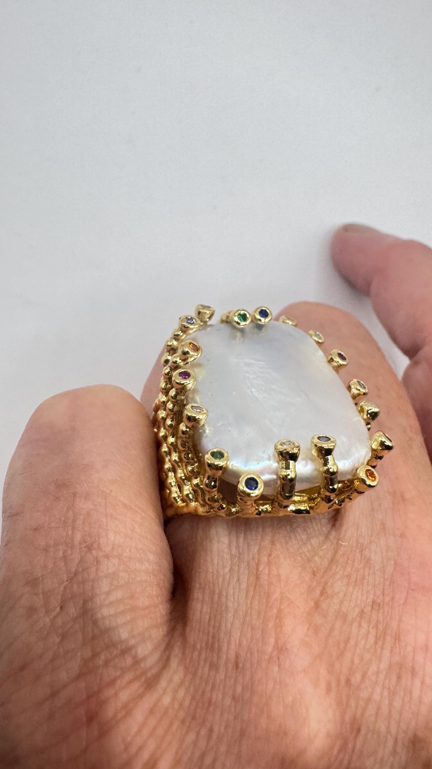 Vintage Biwa Pearl Ring Golden 925 Sterling Silver Cocktail Statement Adjustable