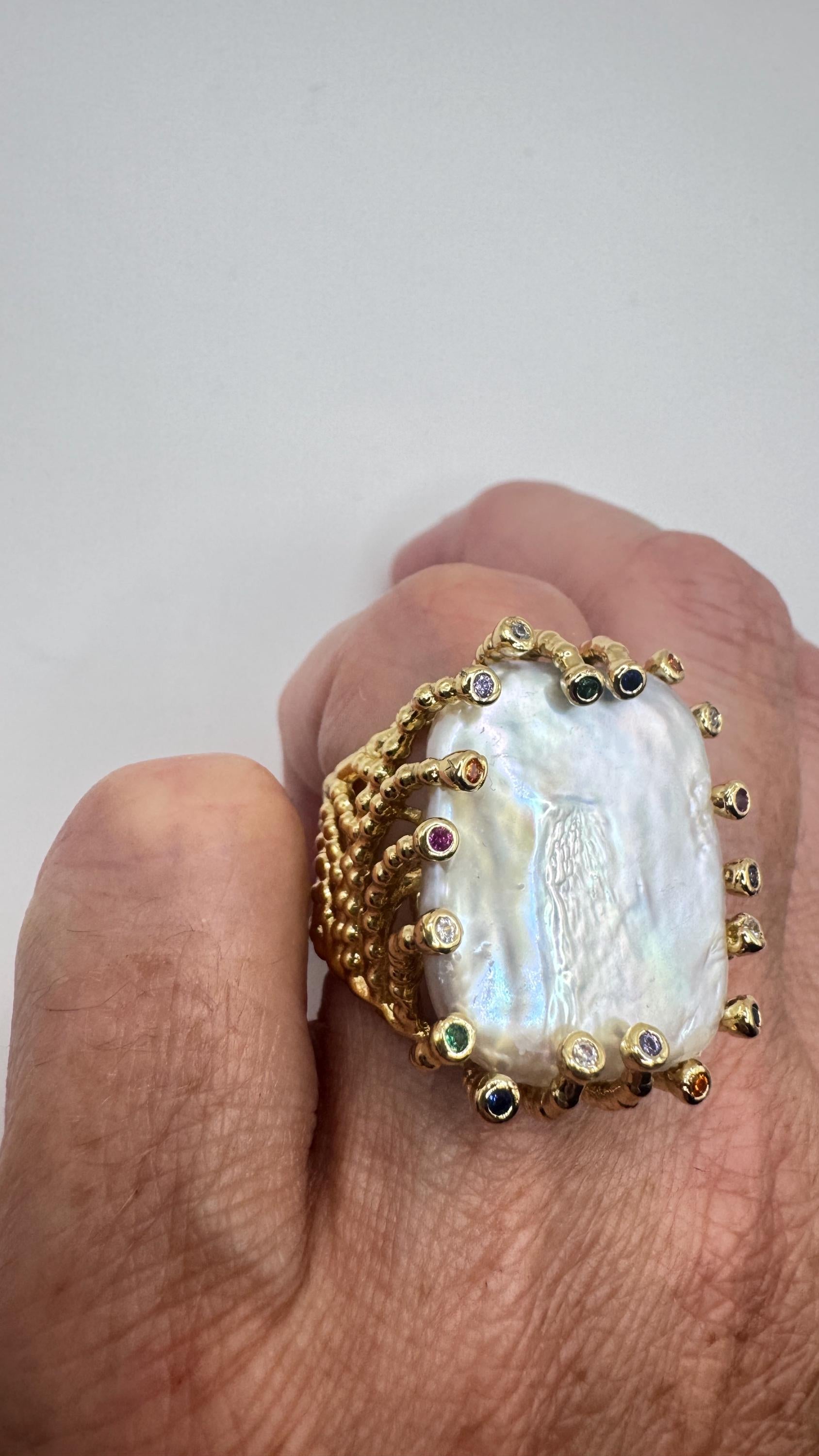 Vintage Biwa Pearl Ring Golden 925 Sterling Silver Cocktail Statement Adjustable