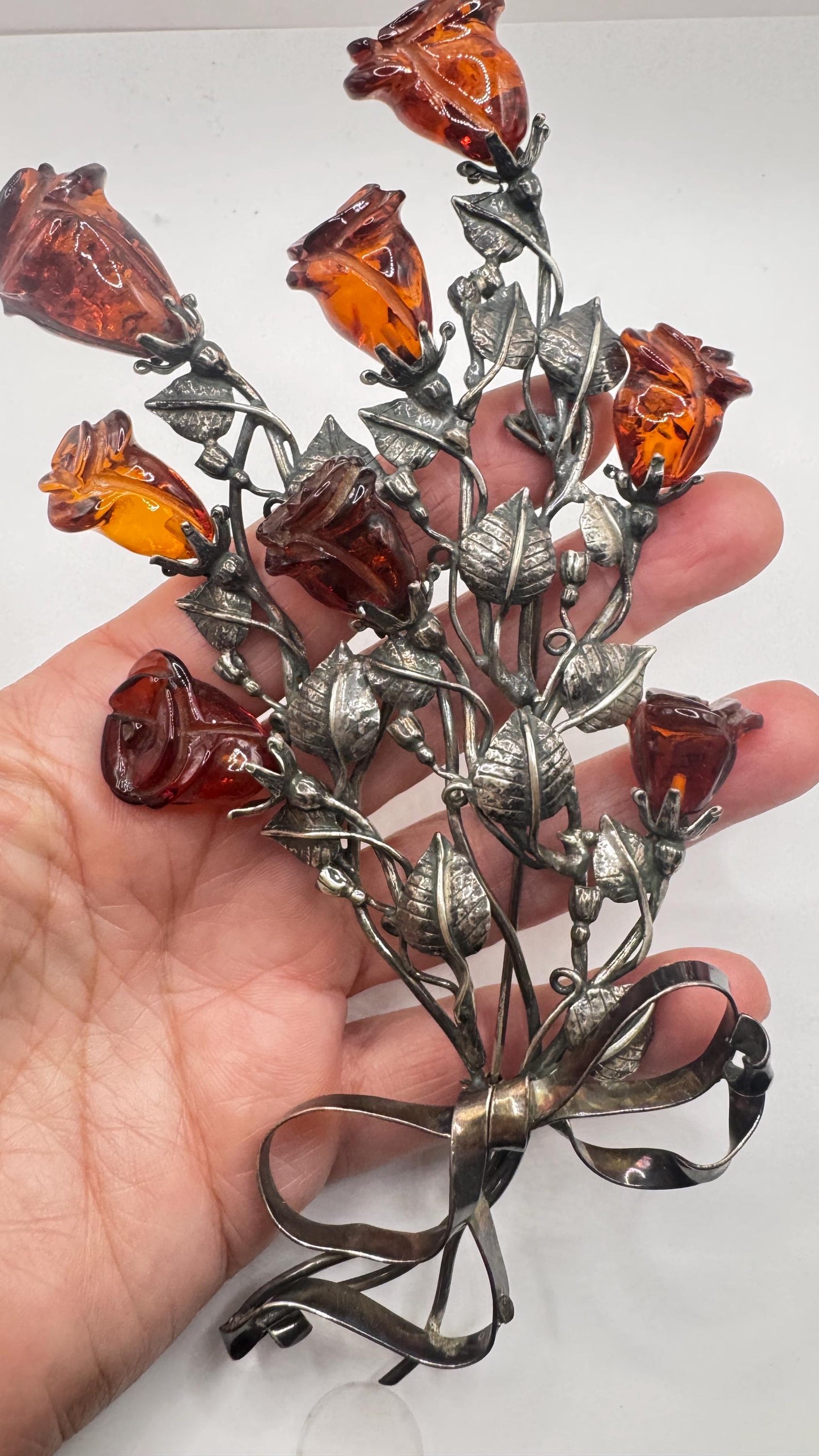 Vintage Hand Carved Golden Baltic Resin Rose Brooch Pin 925 Sterling Silver