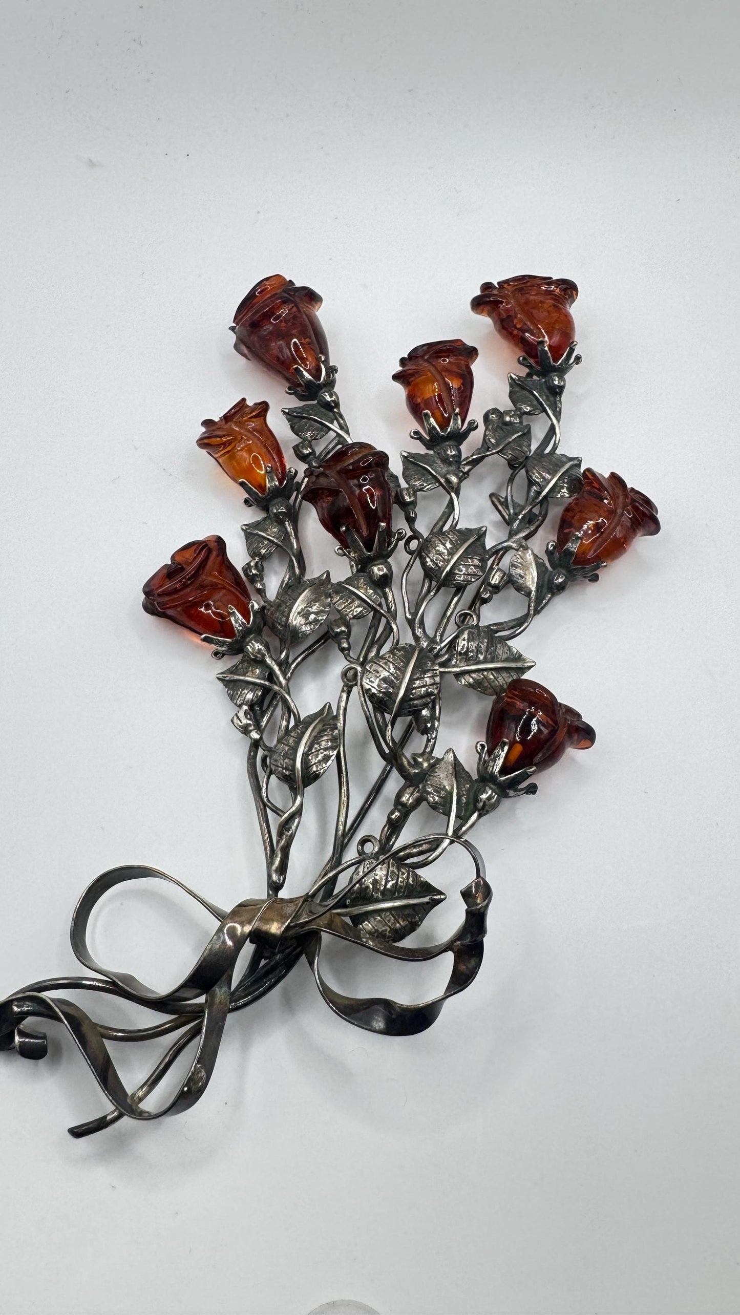 Vintage Hand Carved Golden Baltic Resin Rose Brooch Pin 925 Sterling Silver