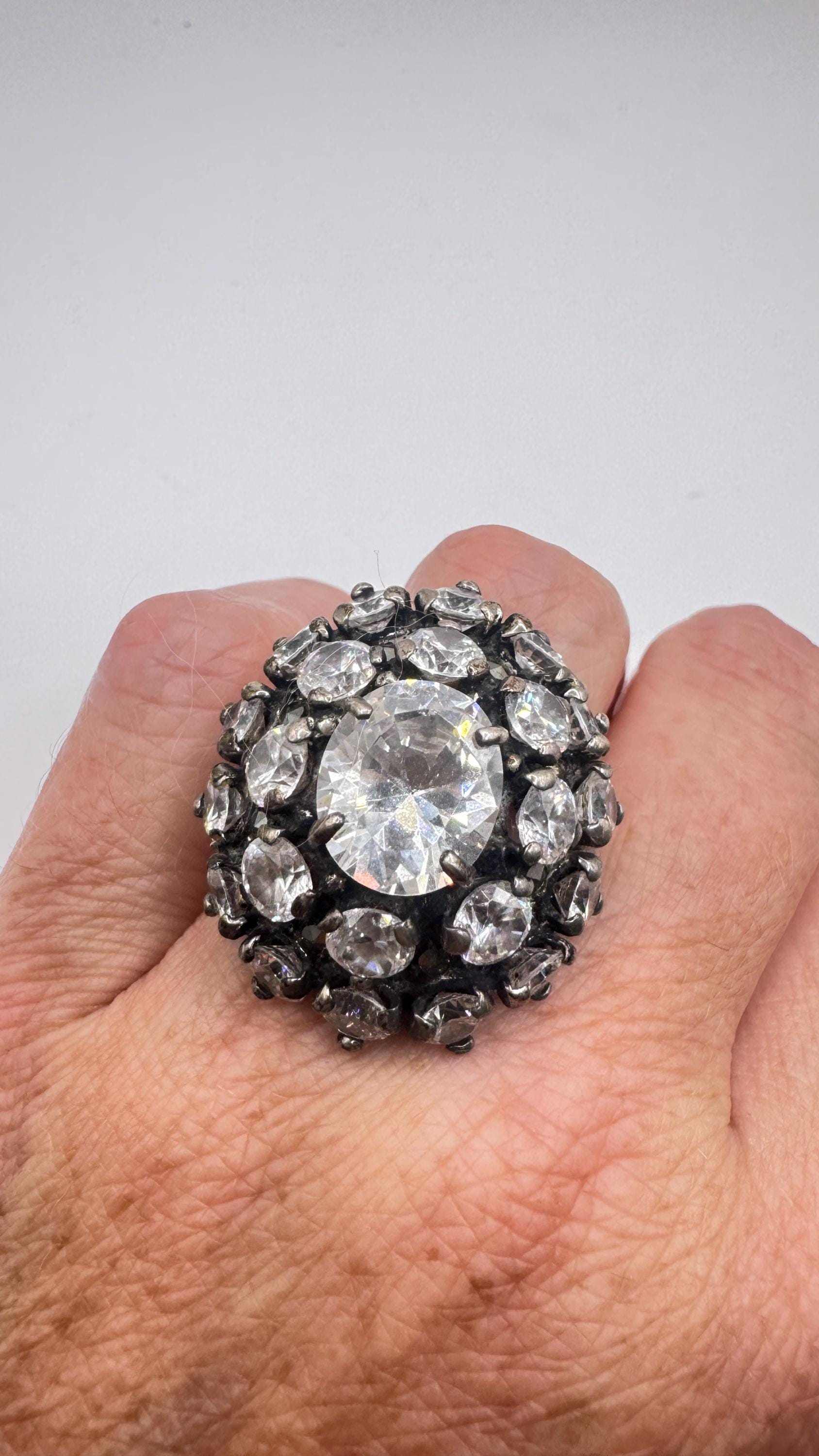 Vintage Cubic Zirconia Crystal Sterling Silver Ring Size 6.5