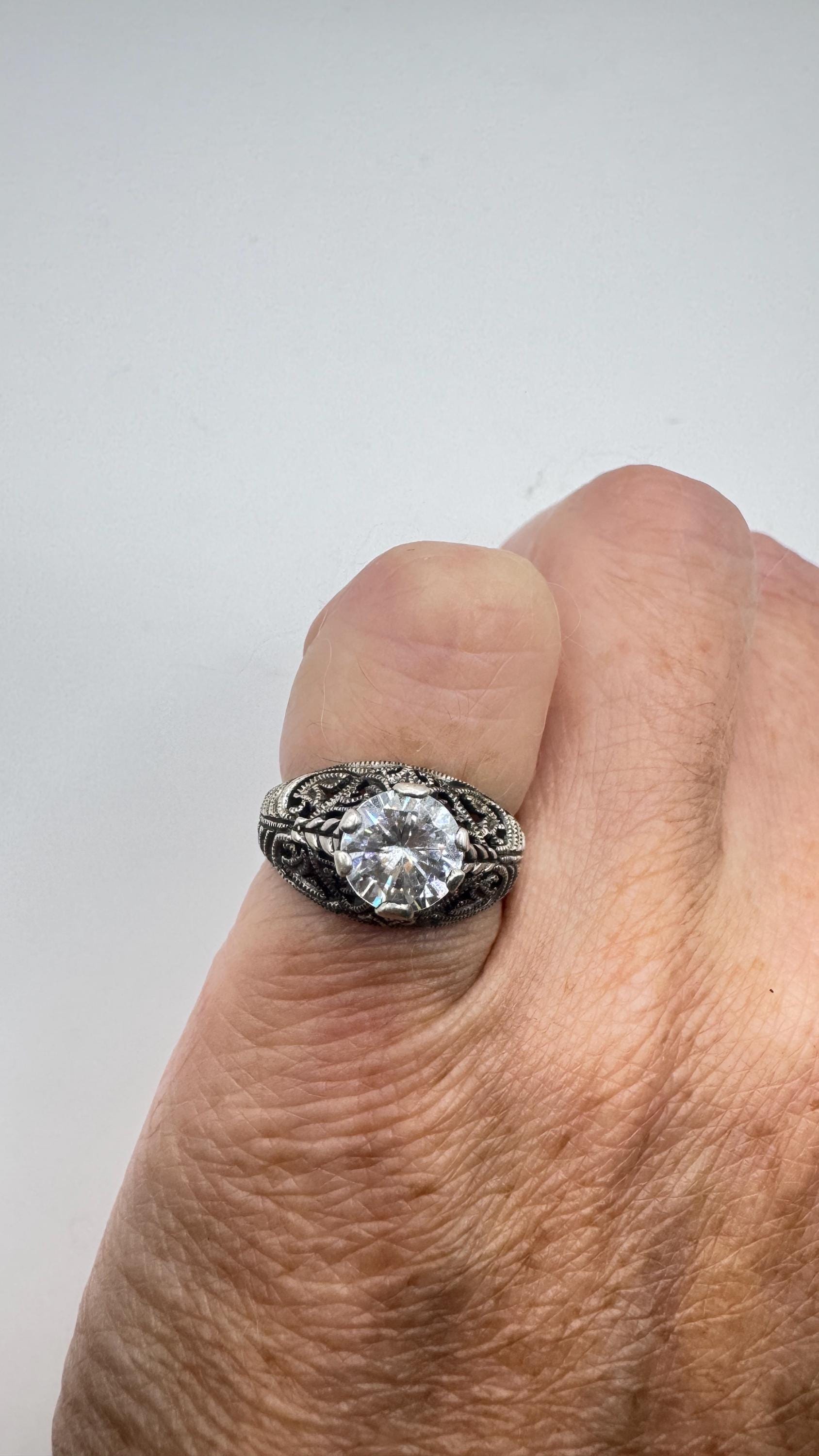 Vintage Cubic Zirconia Crystal Sterling Silver Ring Size 4 Pinky