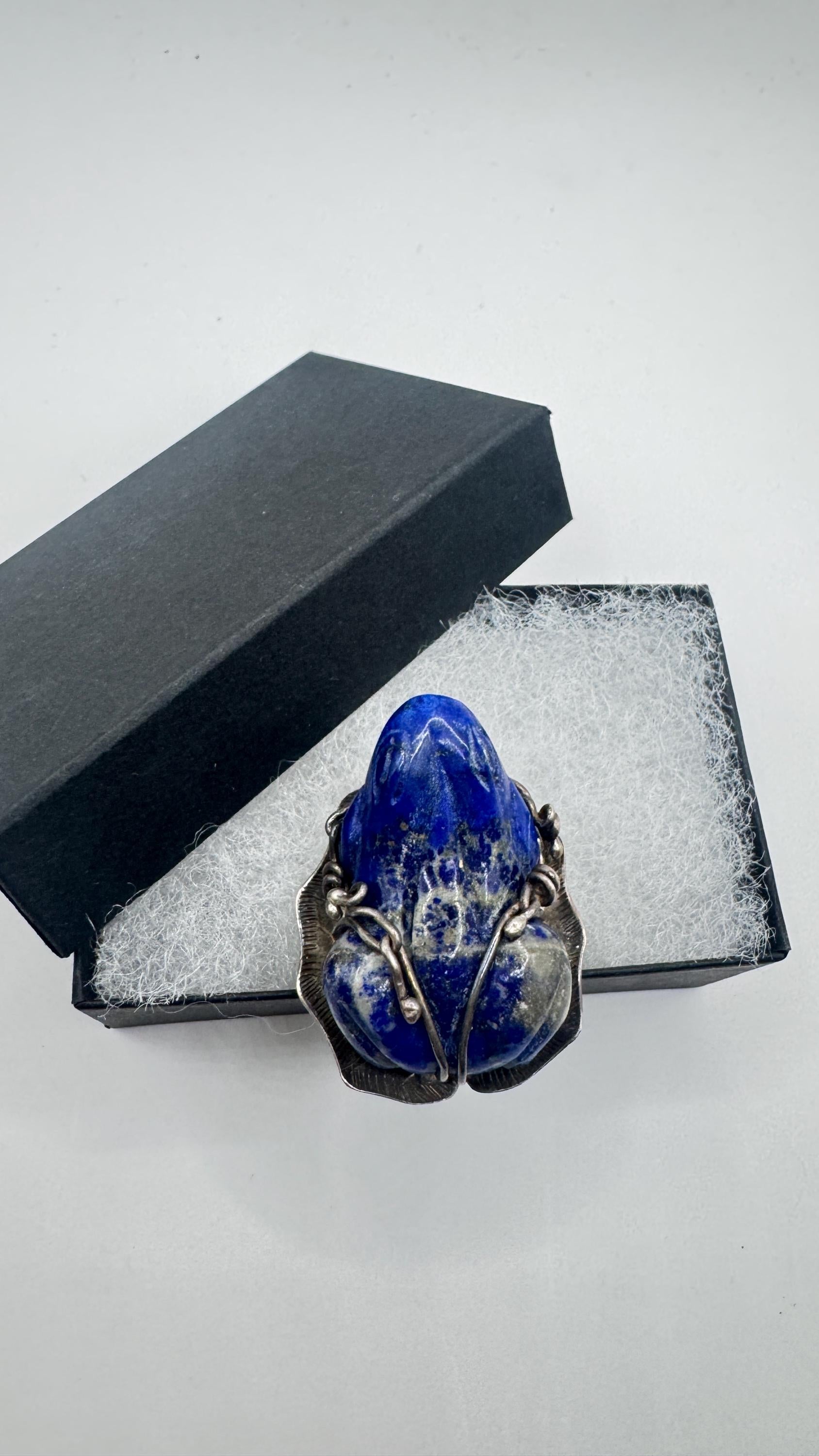 Vintage Blue Lapis Lazuli Frog 925 Sterling Silver Ring