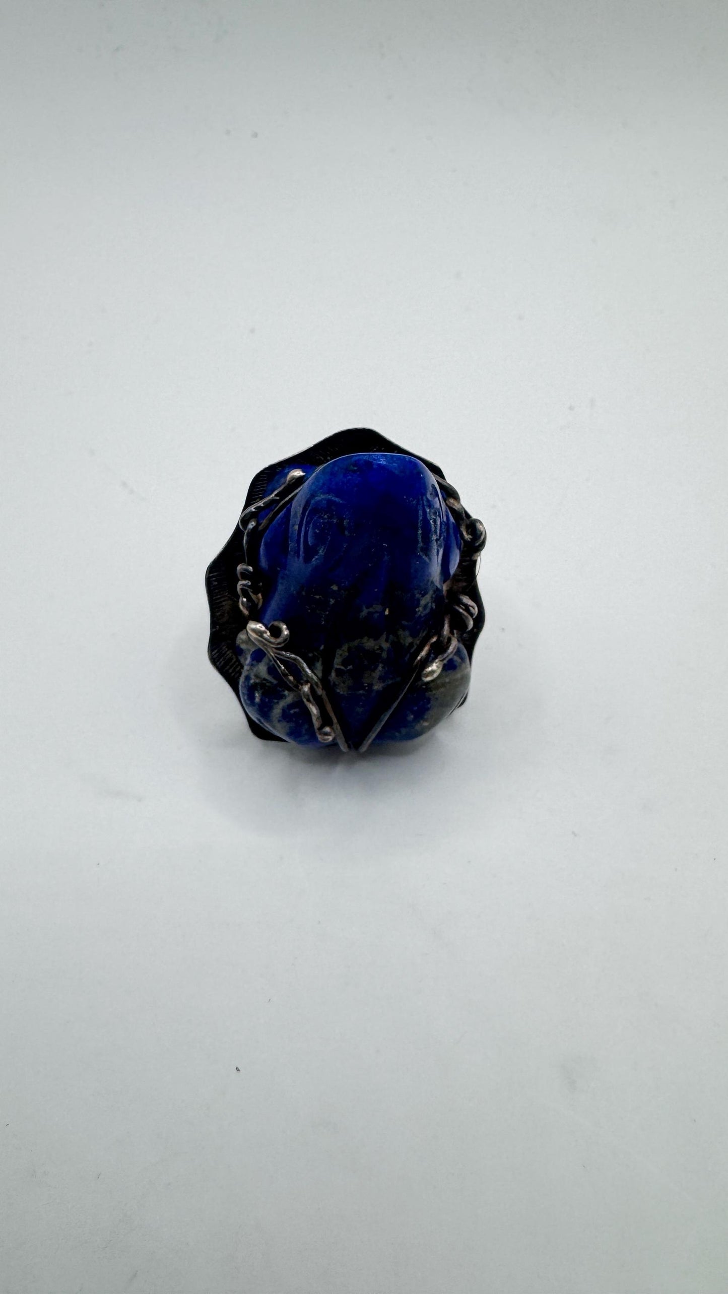 Vintage Blue Lapis Lazuli Frog 925 Sterling Silver Ring