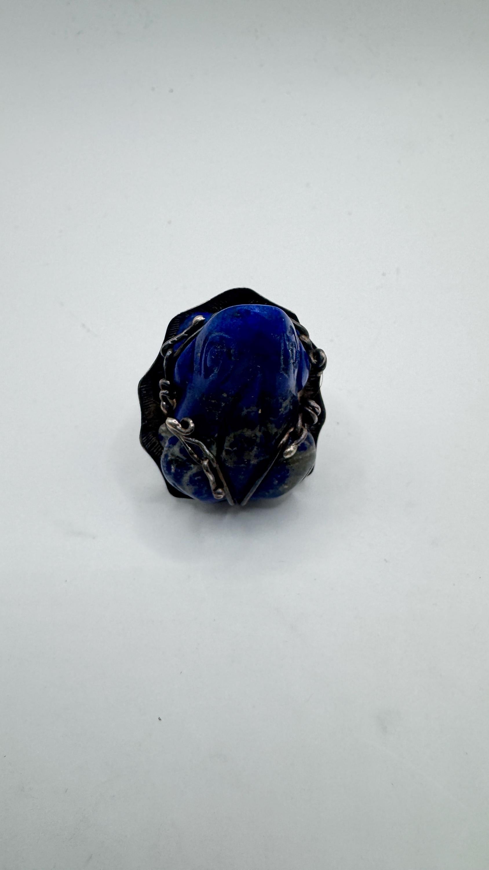 Vintage Blue Lapis Lazuli Frog 925 Sterling Silver Ring