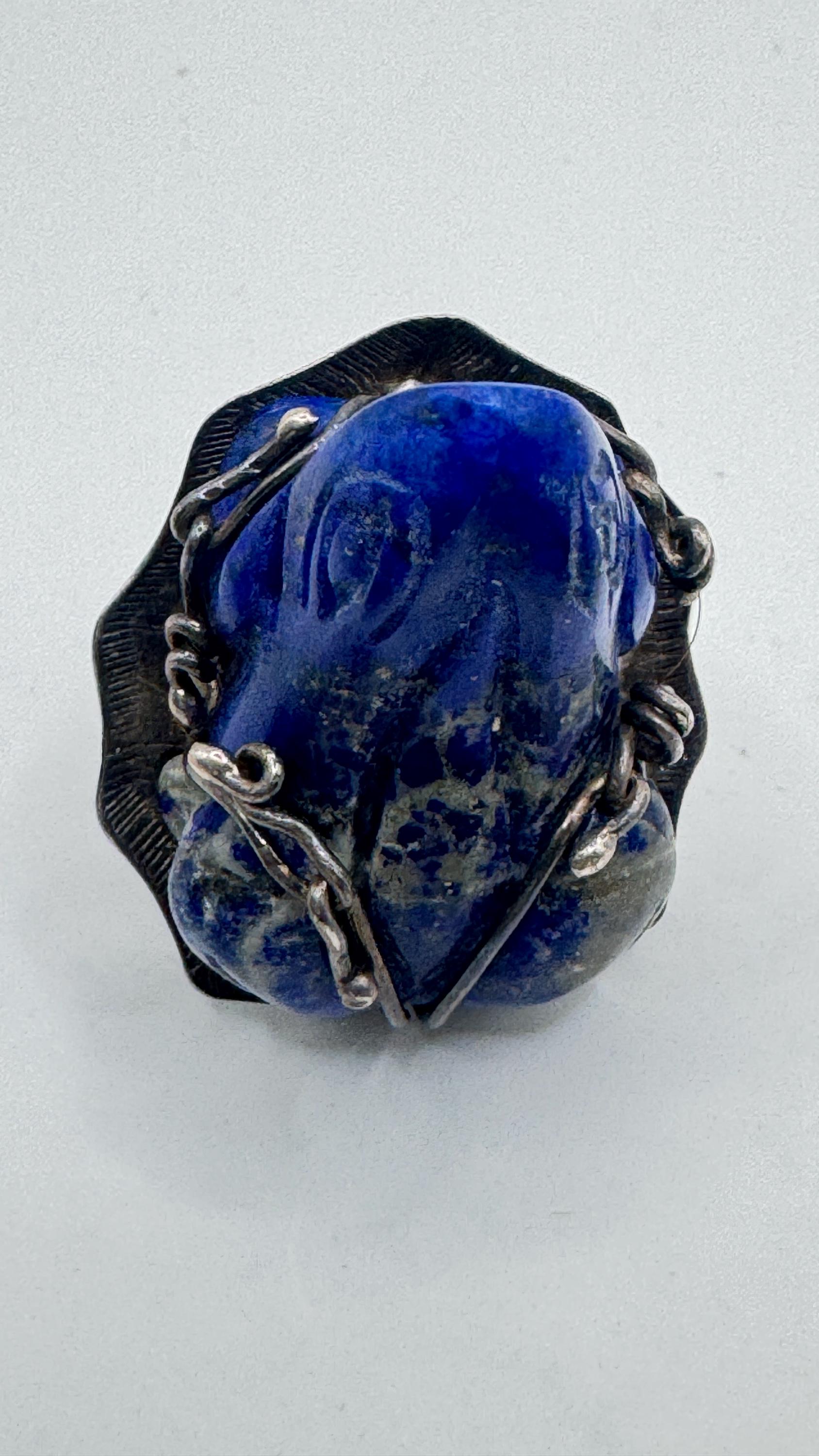 Vintage Blue Lapis Lazuli Frog 925 Sterling Silver Ring