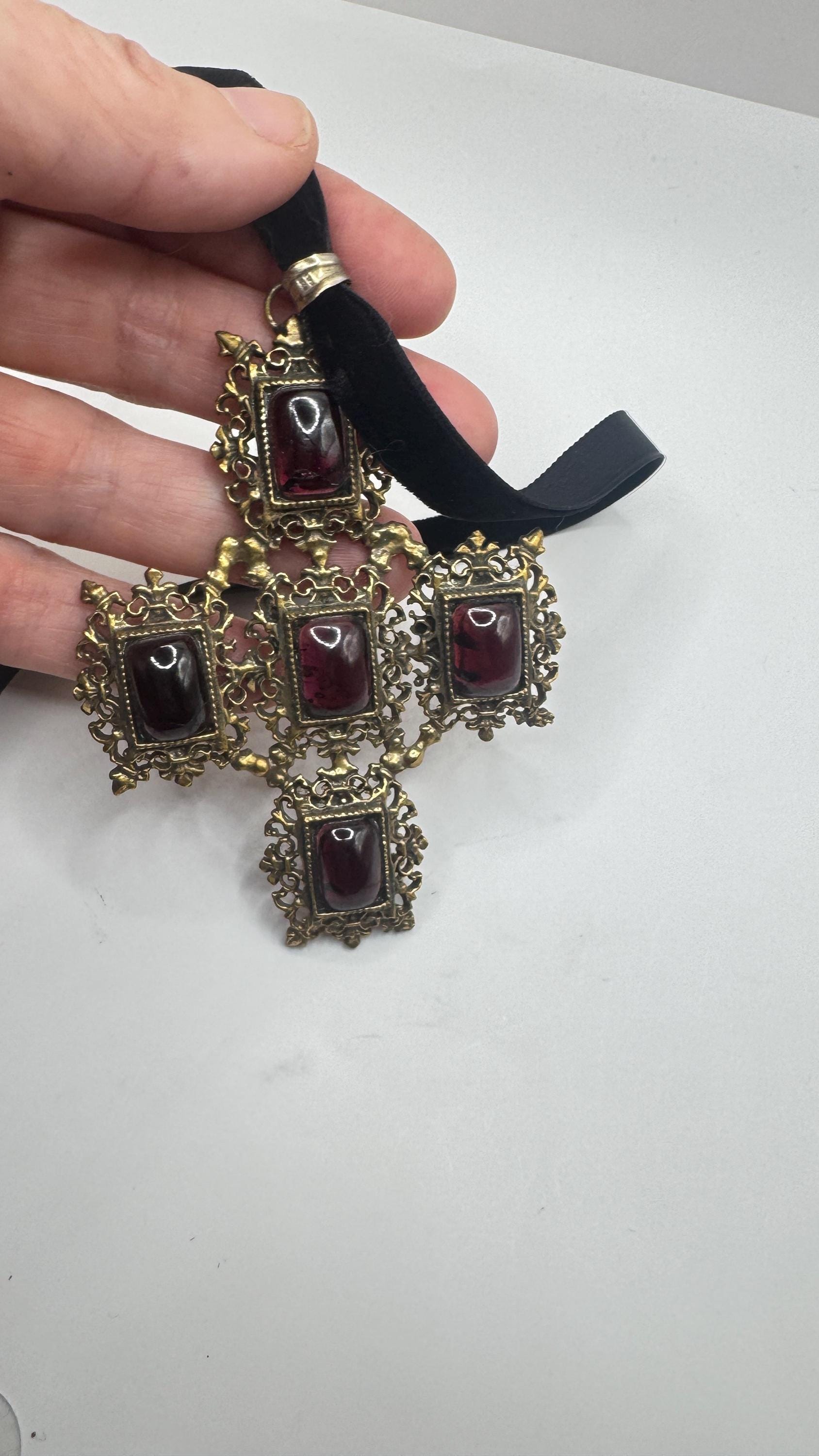 Vintage Bohemian Garnet Cross 925 Sterling Silver Antiqued Gold finish Pendant Necklace