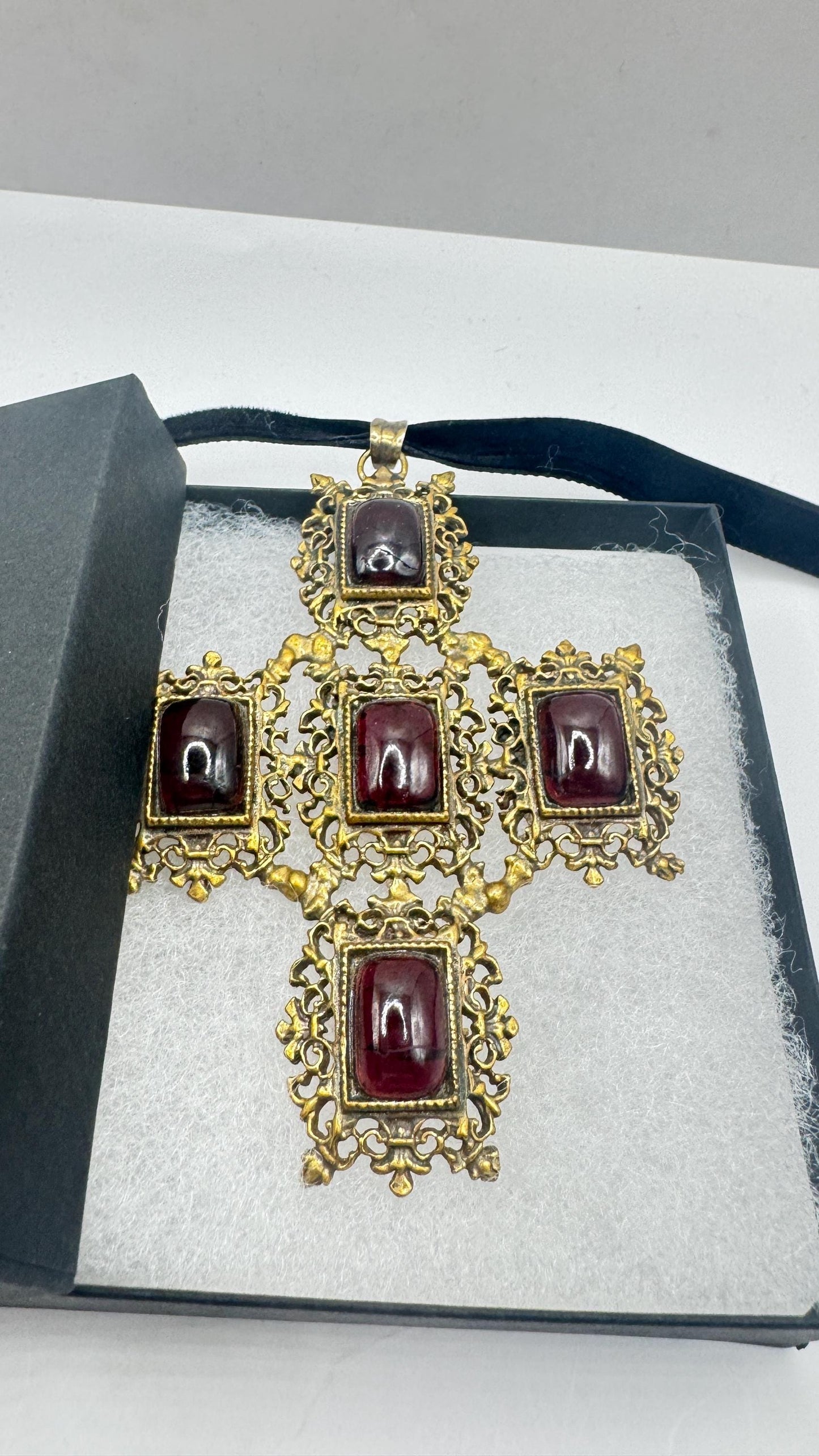Vintage Bohemian Garnet Cross 925 Sterling Silver Antiqued Gold finish Pendant Necklace