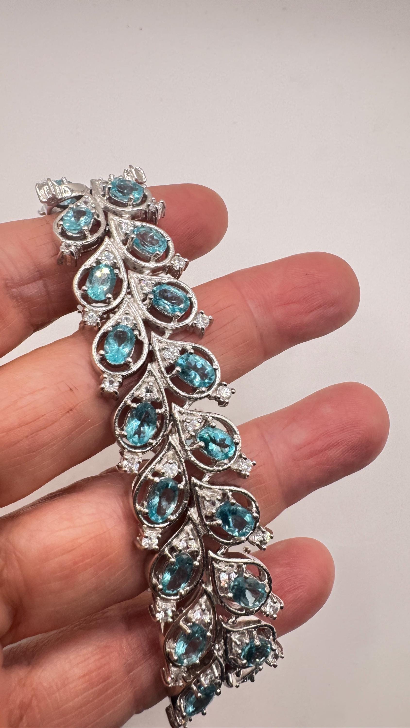 Vintage Genuine Blue Flourite 925 Sterling Silver Chunky Statement Bracelet