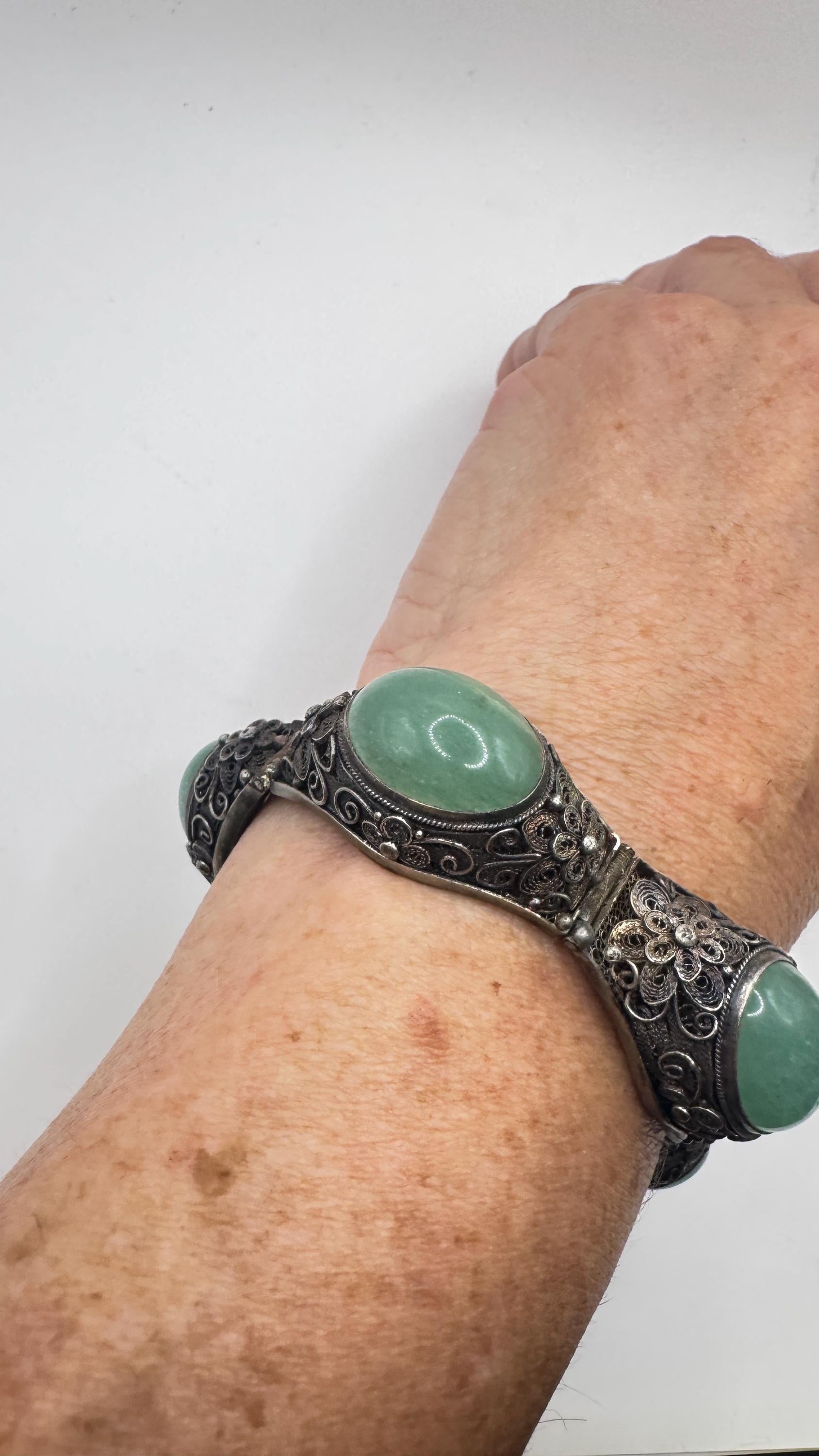 Vintage Green Nephite Jade Bracelet 925 Sterling Silver Filigree