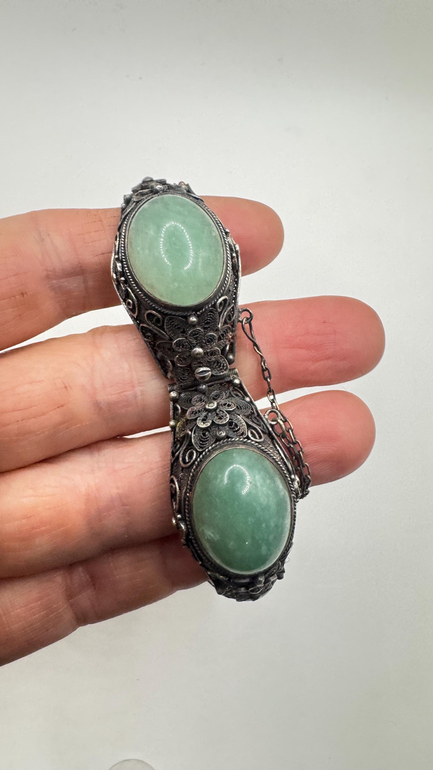 Vintage Green Nephite Jade Bracelet 925 Sterling Silver Filigree