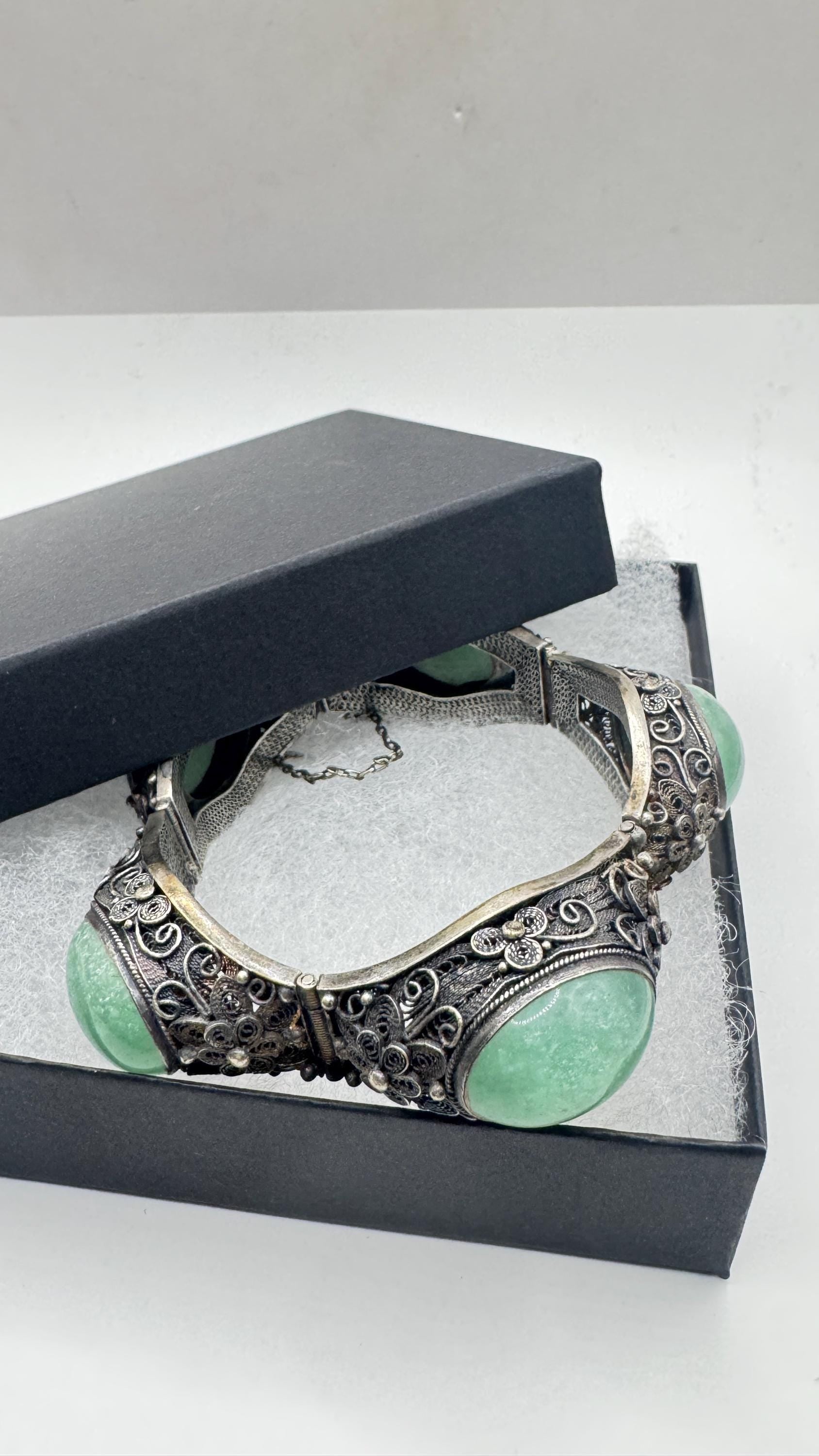 Vintage Green Nephite Jade Bracelet 925 Sterling Silver Filigree