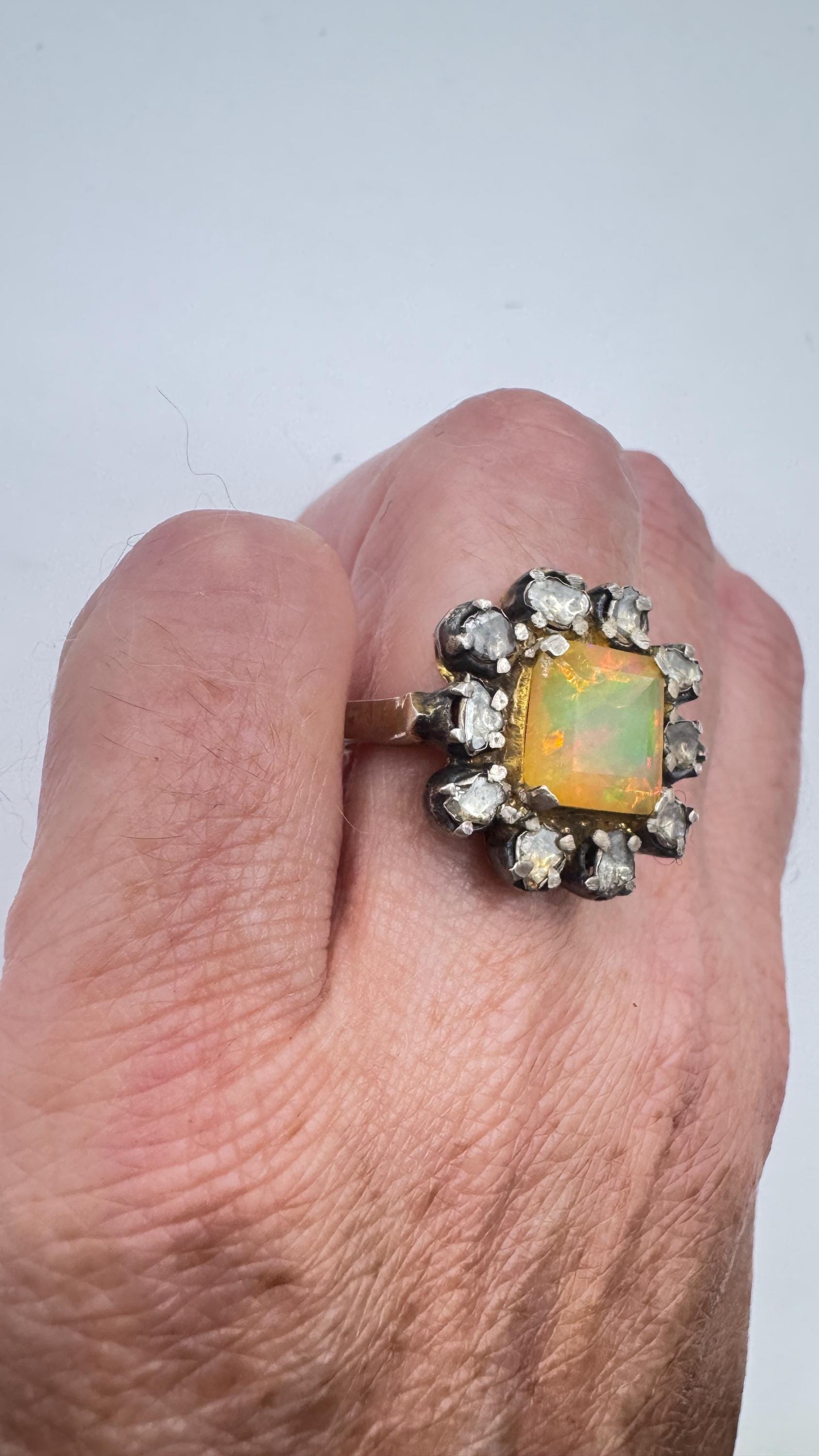 Vintage Orange Fire Opal 925 Sterling Silver flat cut Diamond Ring