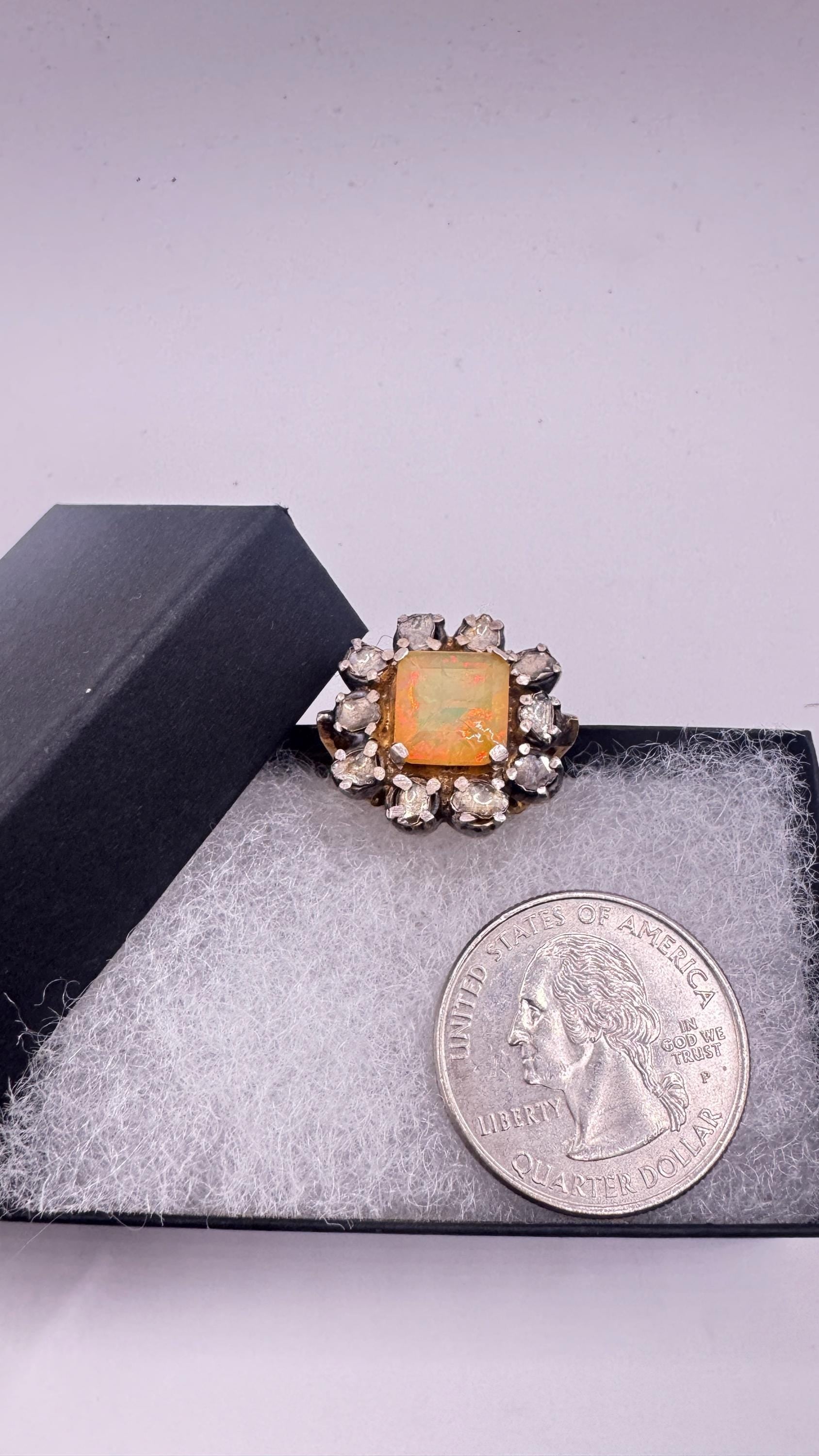 Vintage Orange Fire Opal 925 Sterling Silver flat cut Diamond Ring